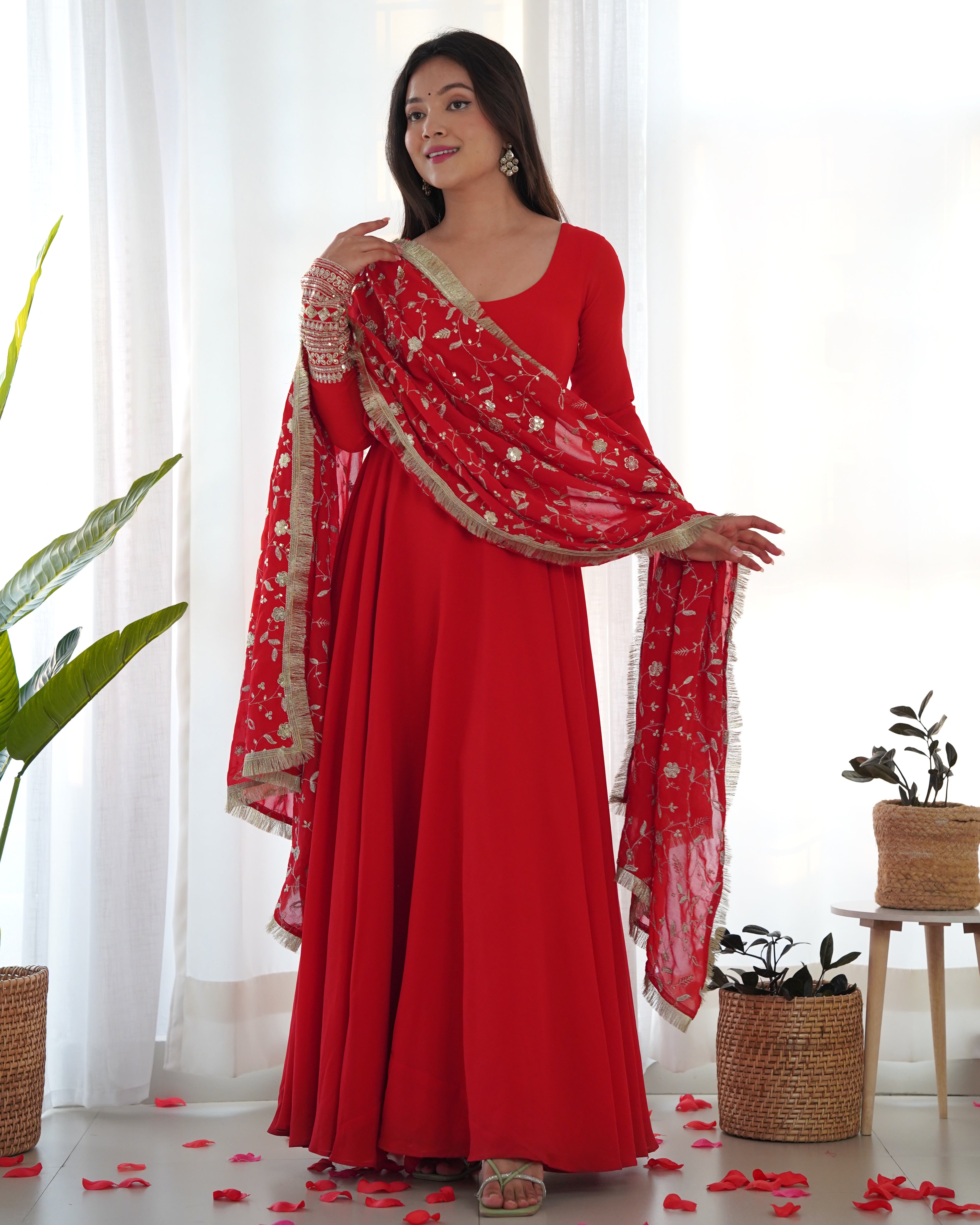 Red Soft Organza Silk Anarkali Gown for Women