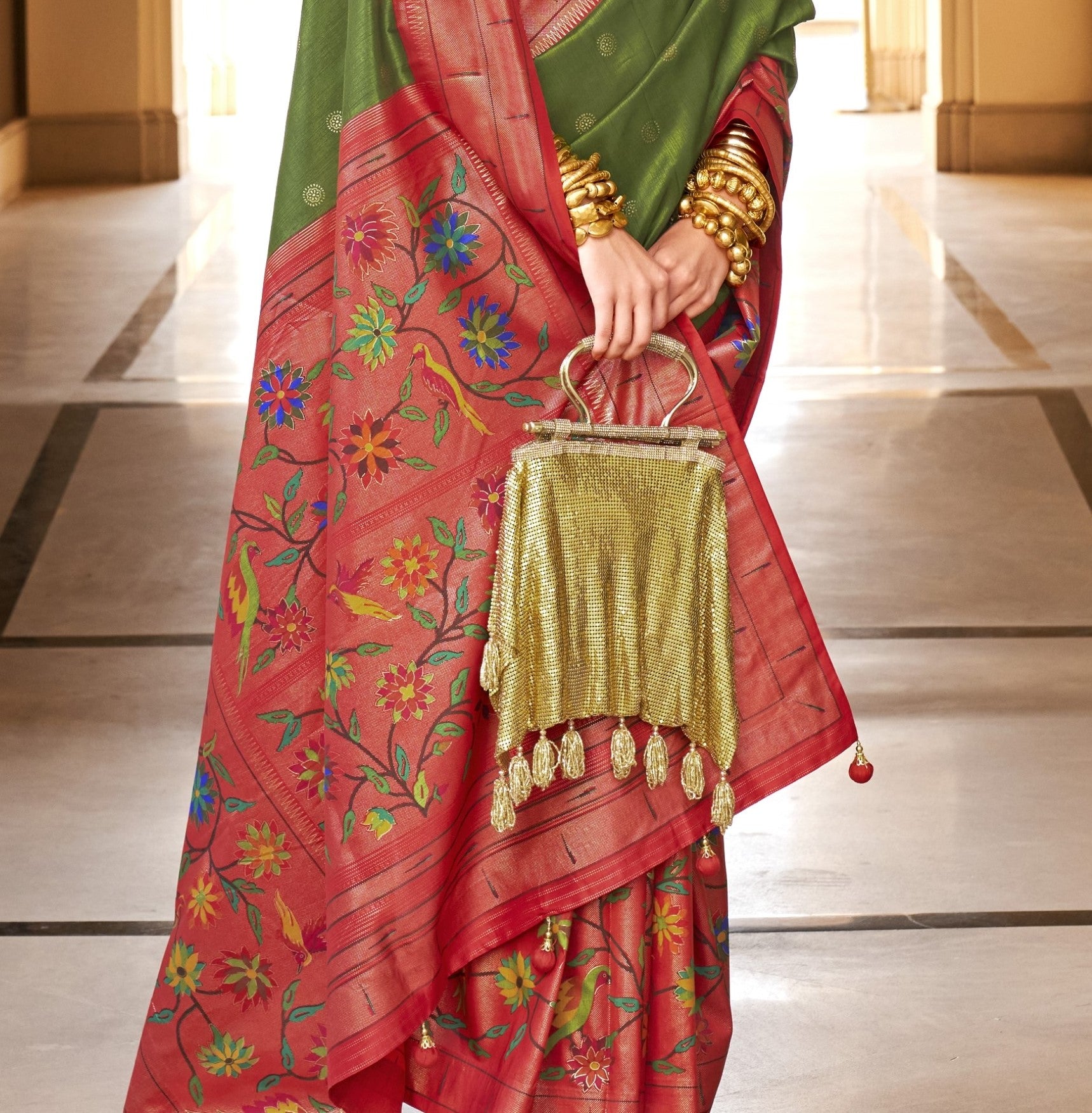 Flower Printed Green and Red Paithini Saree for Women