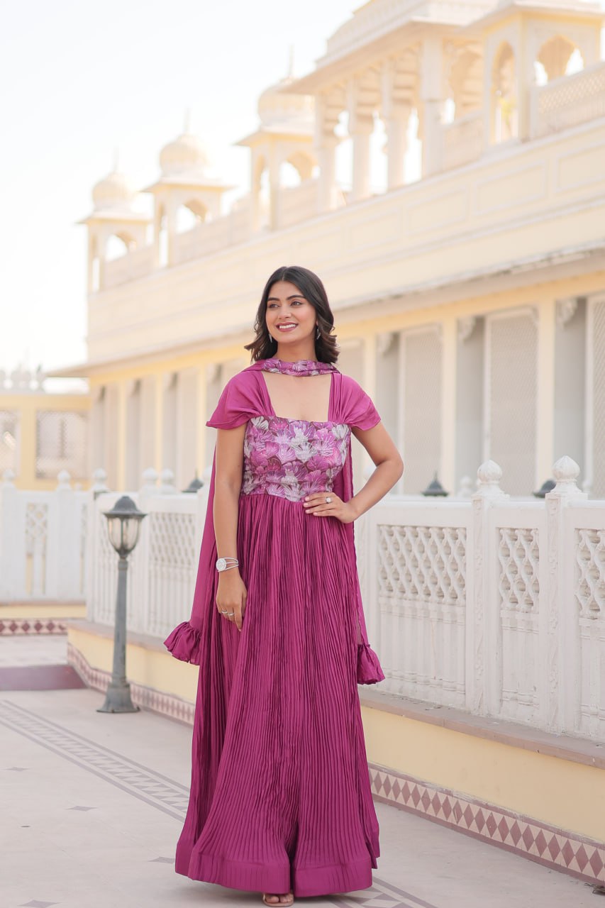 Pink Anarkali Gown Chinon Fabric for Women