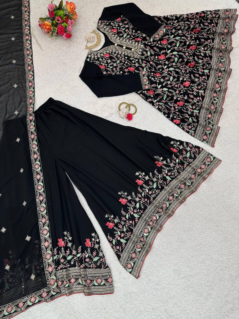 Black Georgette Sharara Suit with Palazzo Set for Women