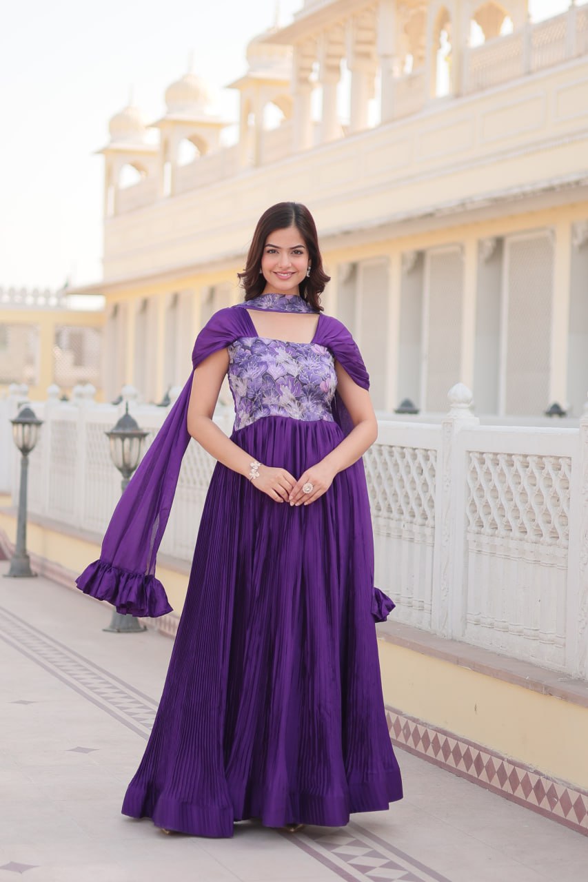 Flower Print Chinnon  Purple Anarkali Suit for Women