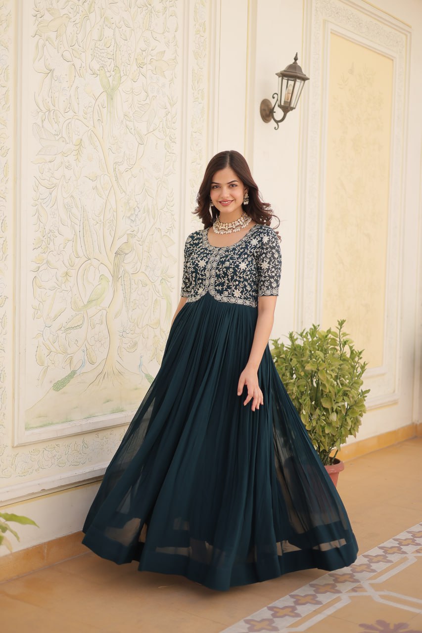 Green Anarkali Gown Embroidery, Zari and  Sequins Work