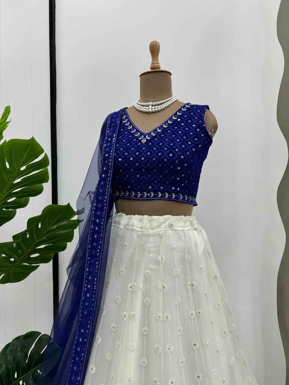 Partywear White Blue Color Lehenga Choli With Dupatta For Wedding Wear