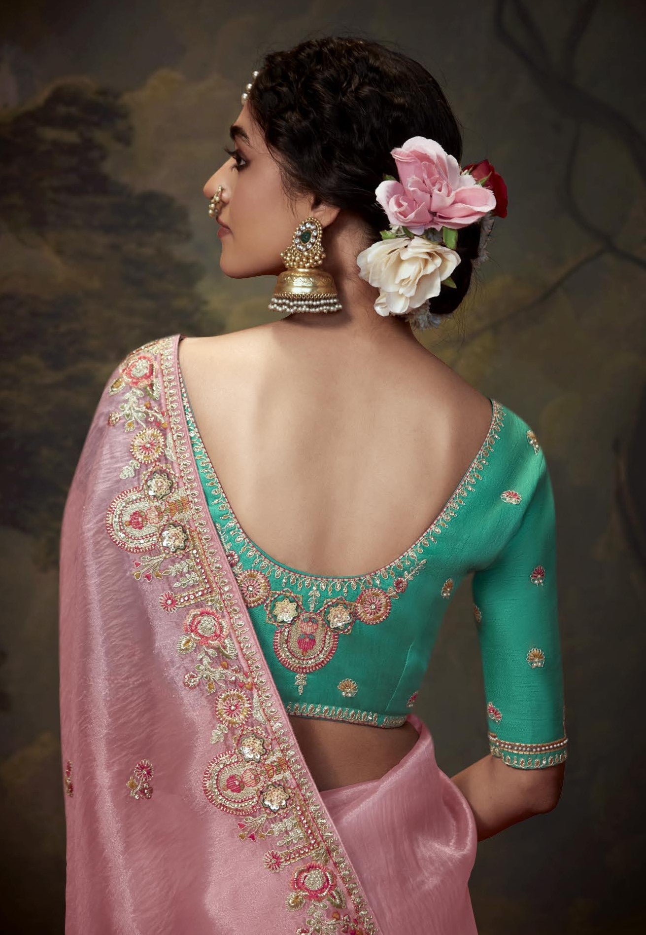 Pink Vichitra Soft Silk Saree Blouse Embroidery Work