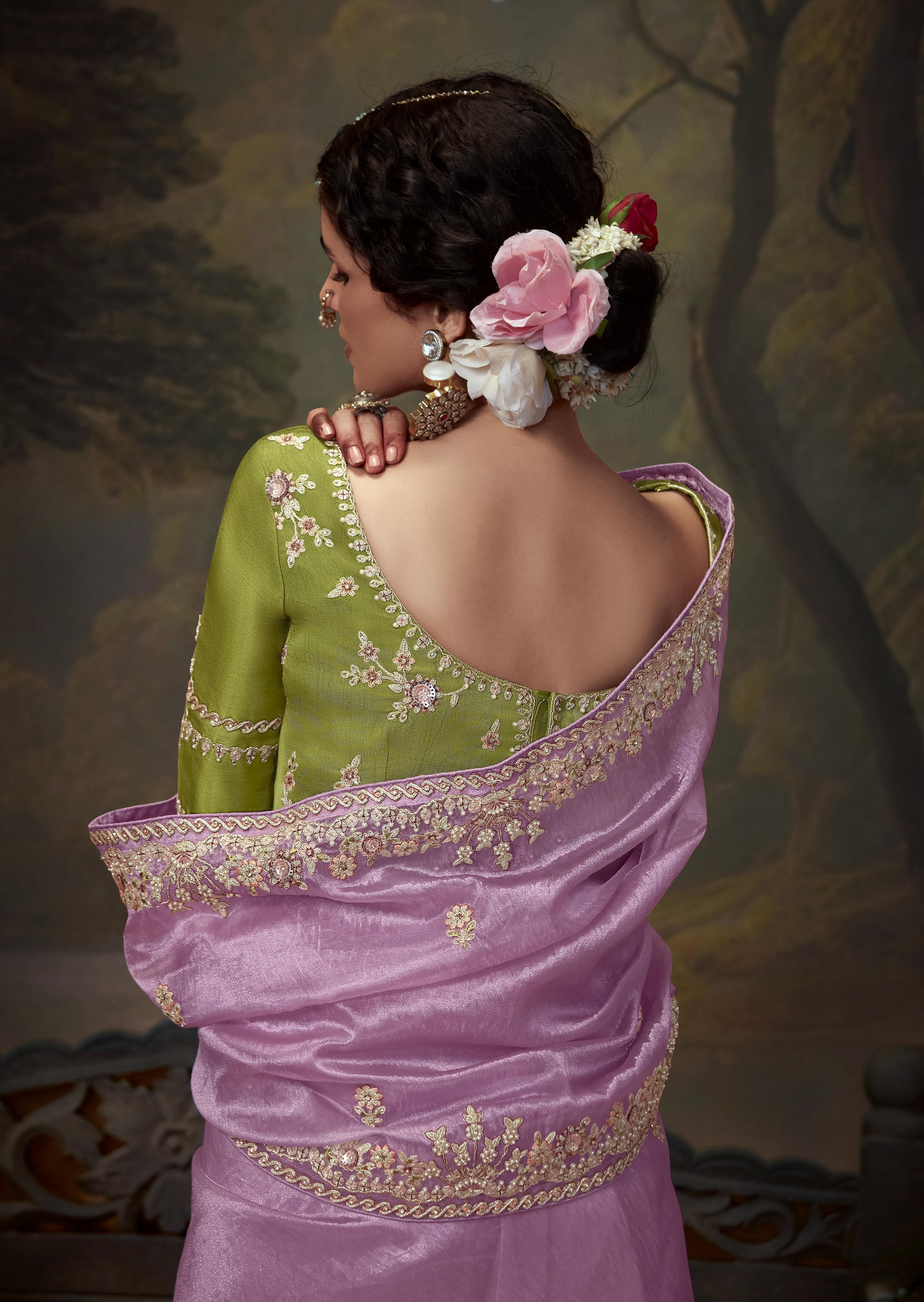 Pink Soft Saree and Green Embroidery Blouse for Women