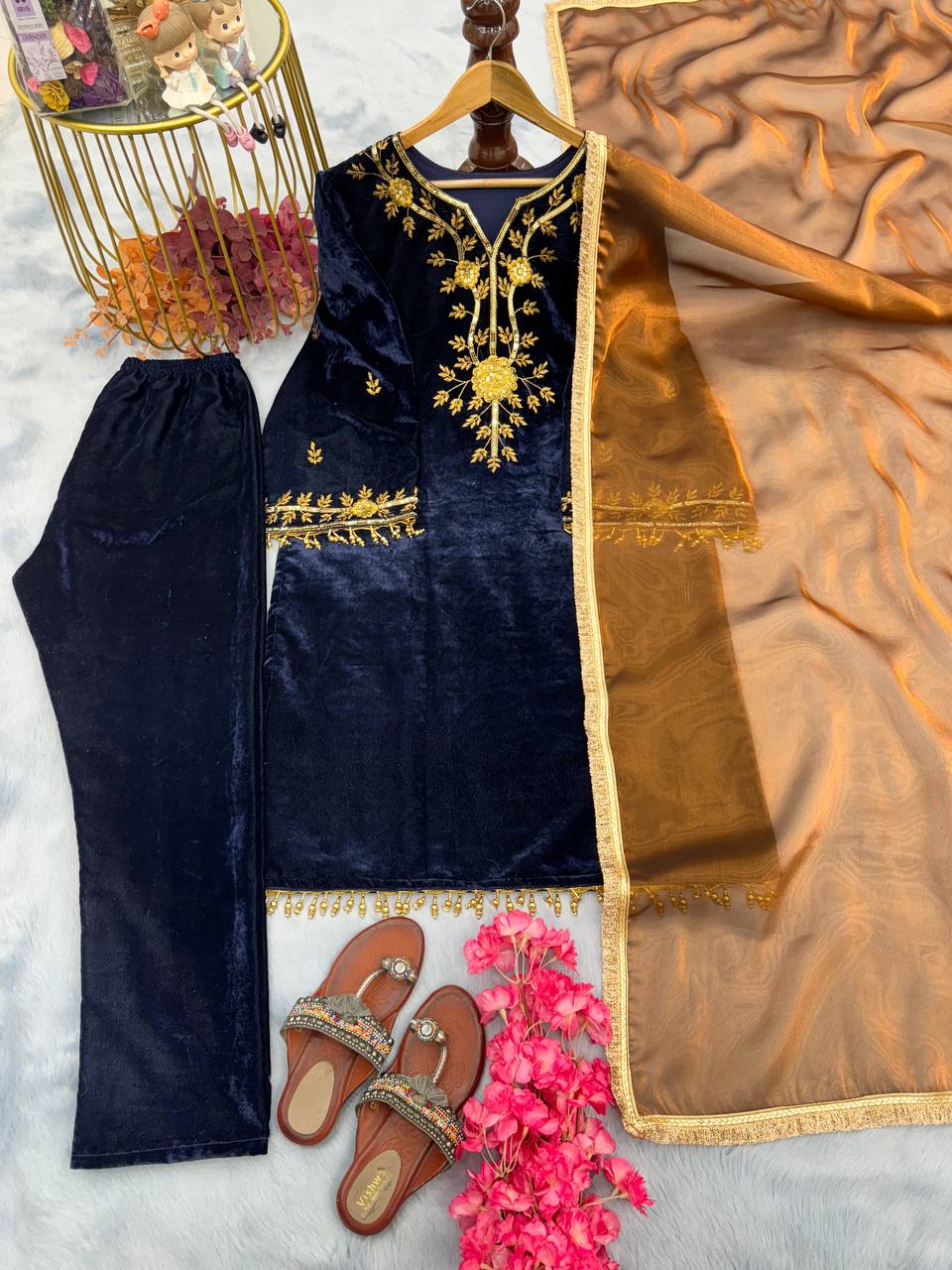 Ready Made Velvet Top and Sequence Embroidered Salwar Kameez