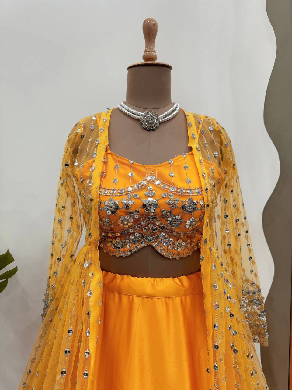 Luxurious Japan Satin Lehenga with 4.5 Meter Flair, Butterfly Net Choli & Koti with Sequins