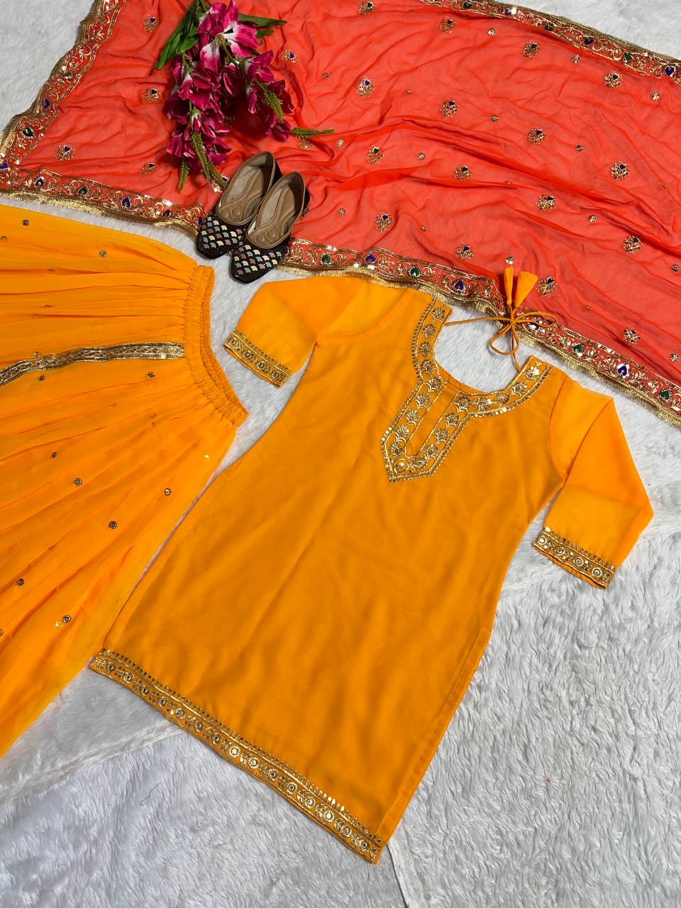 Georgette with Embroidery Yellow Wedding Occasion Top with Dhoti Skirt