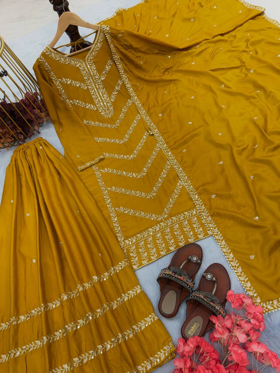 Yellow Pure Chinon Silk Top with Palazzo Wedding Occasion