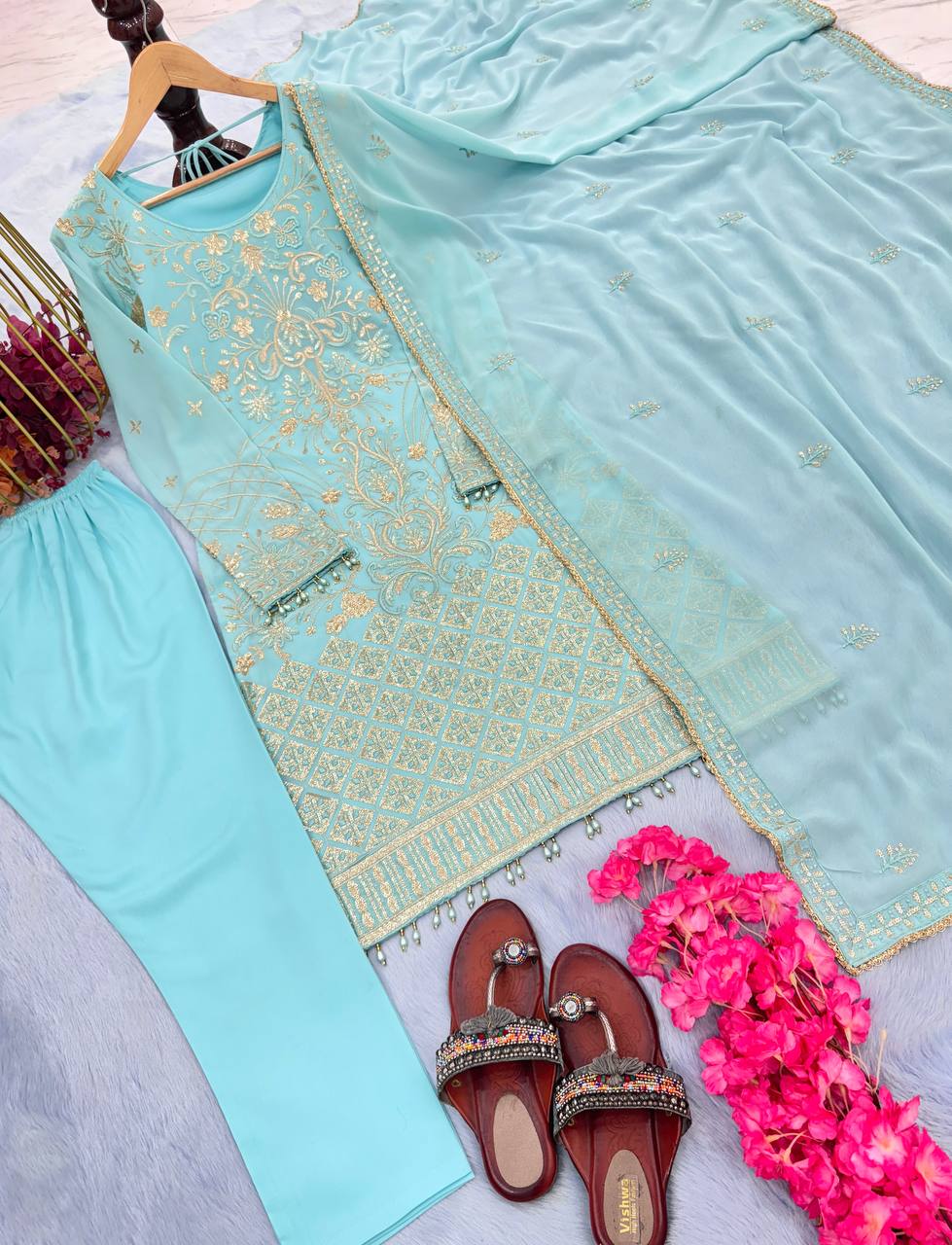 Sky Blue Heavy Faux Georgette With Embroidery Salwar Kameez