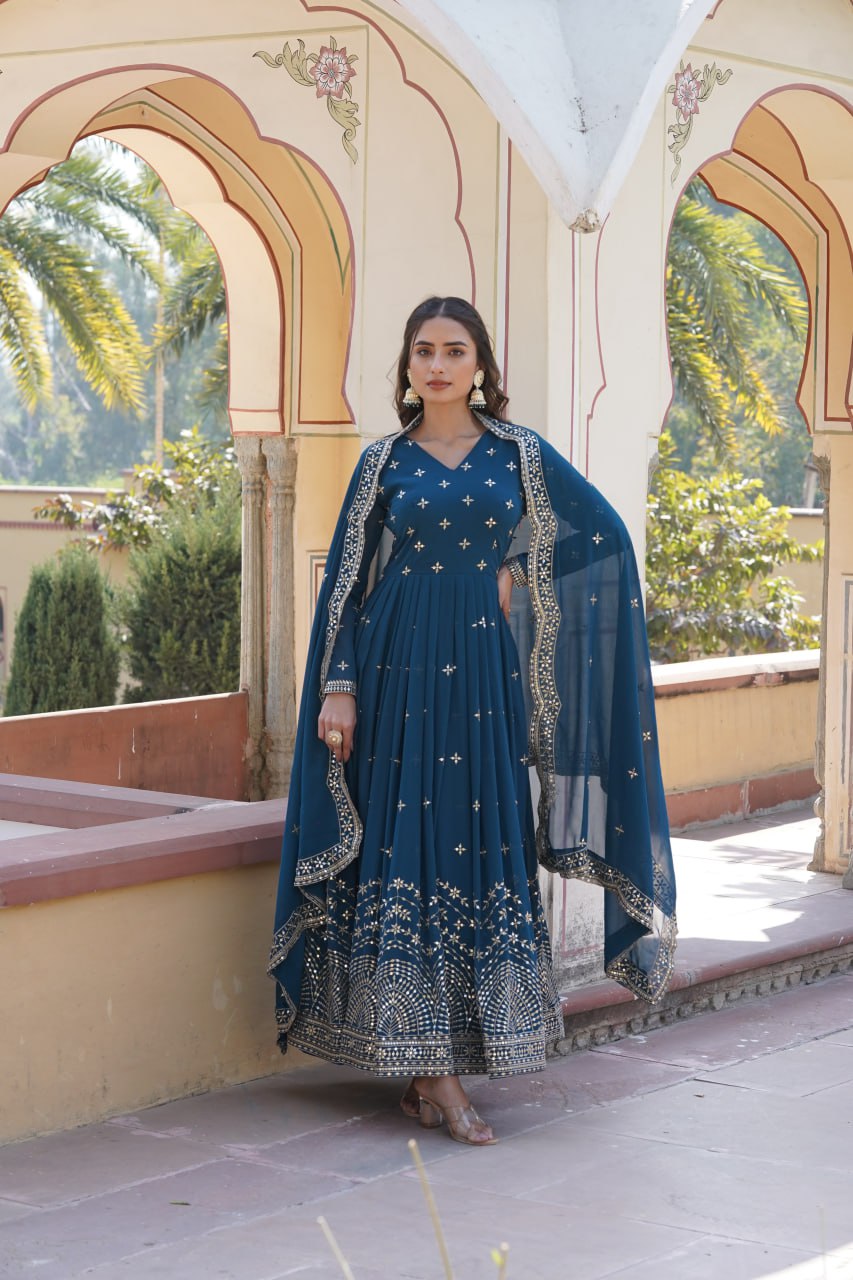 Russian Silk with Embroidery Printed Anarkali Gown