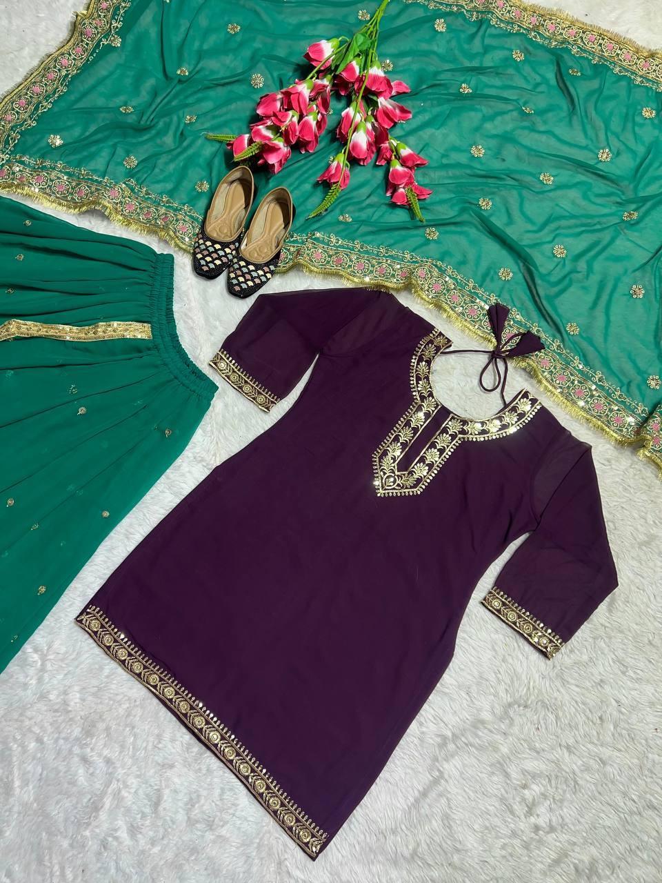 Faux Georgette Purple and Green Punjabi Suit with Dhoti Skirt