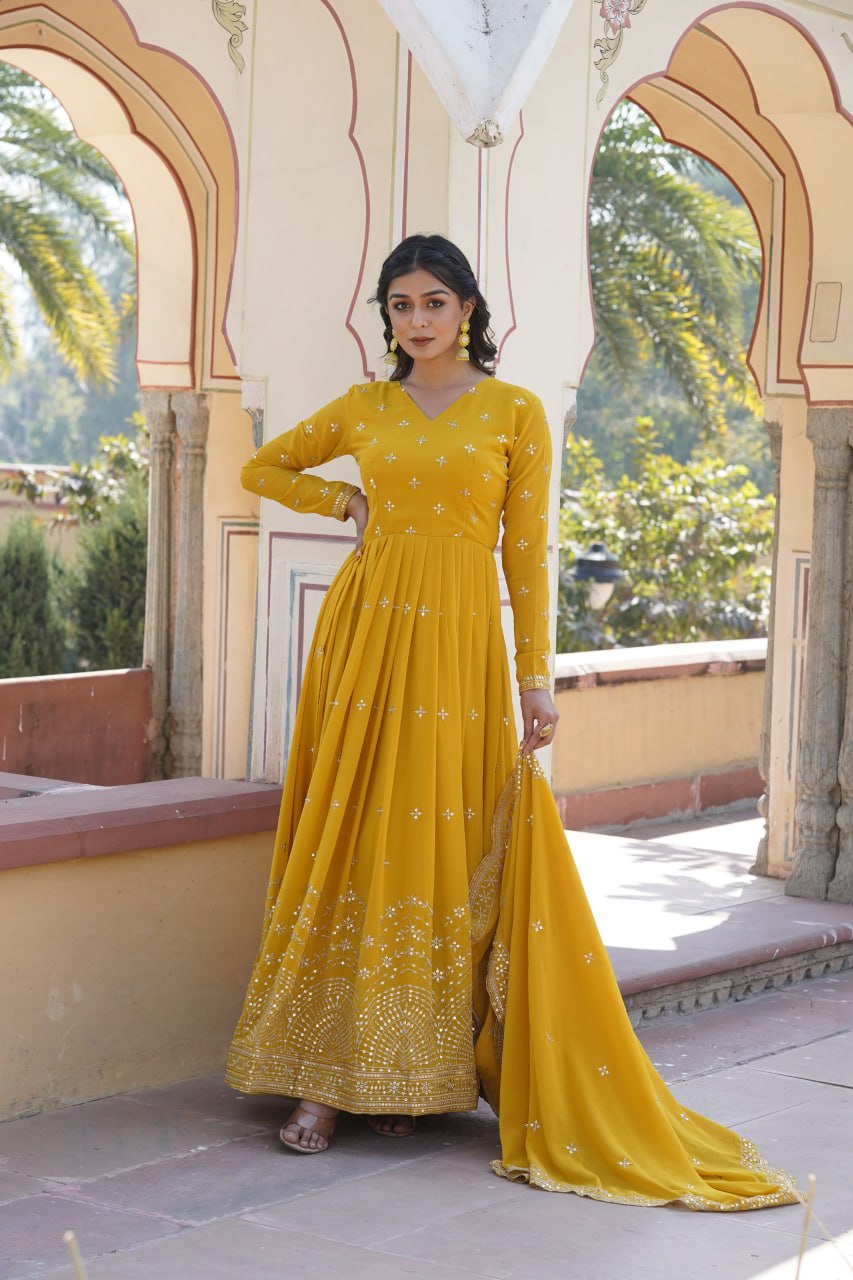 Wedding Haldi Function Yellow Anarkali Gown