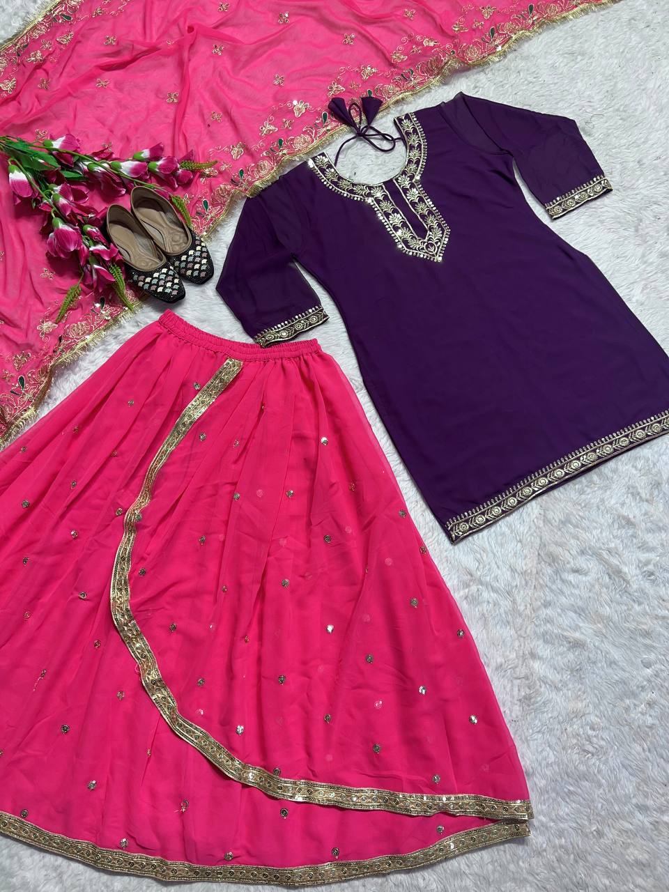 Pink Faux Georgette with Heavy Embroidery Top with Dhoti Skirt