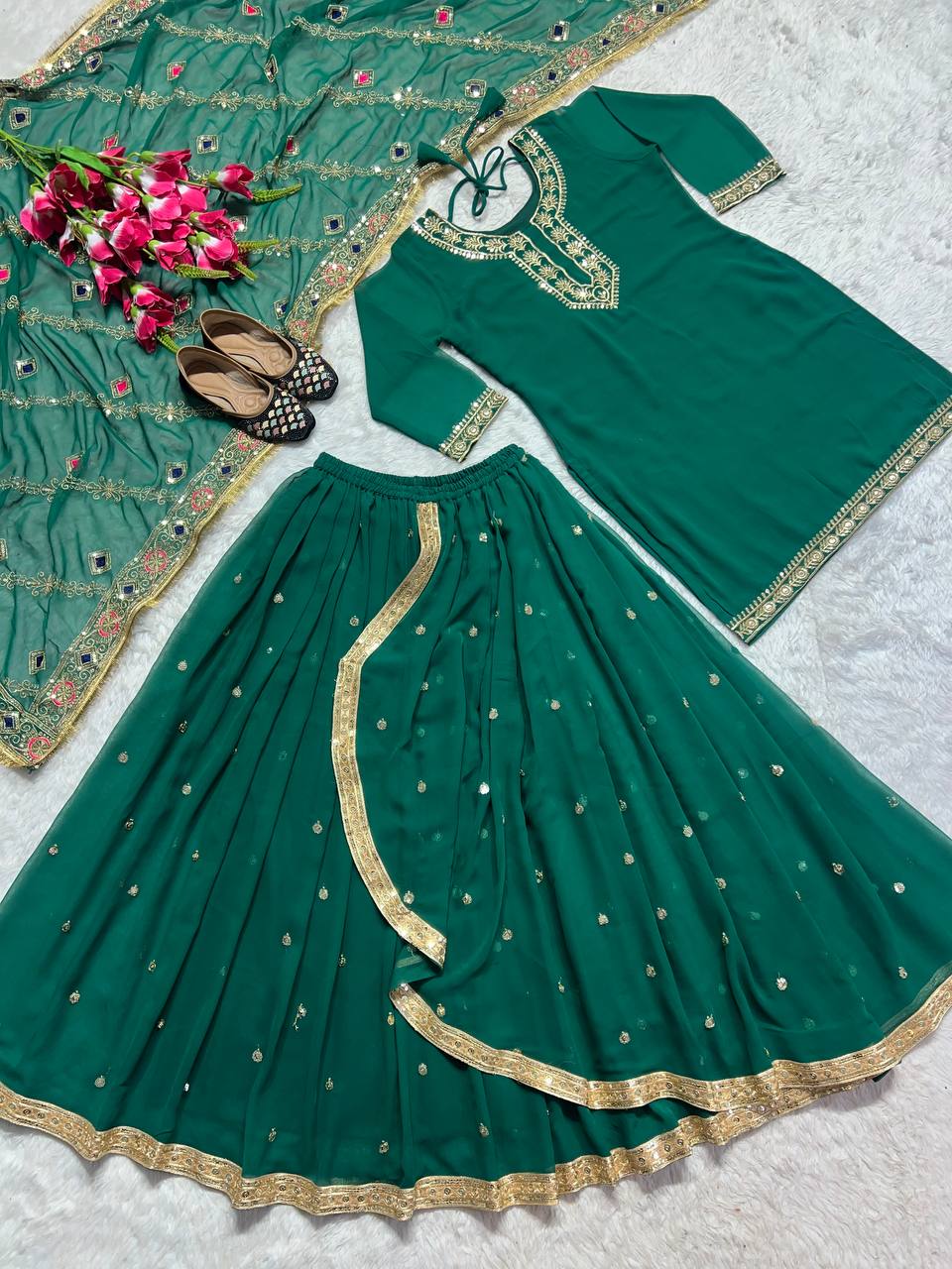 Green Georgette  Dhoti Skirt with Suit for Women