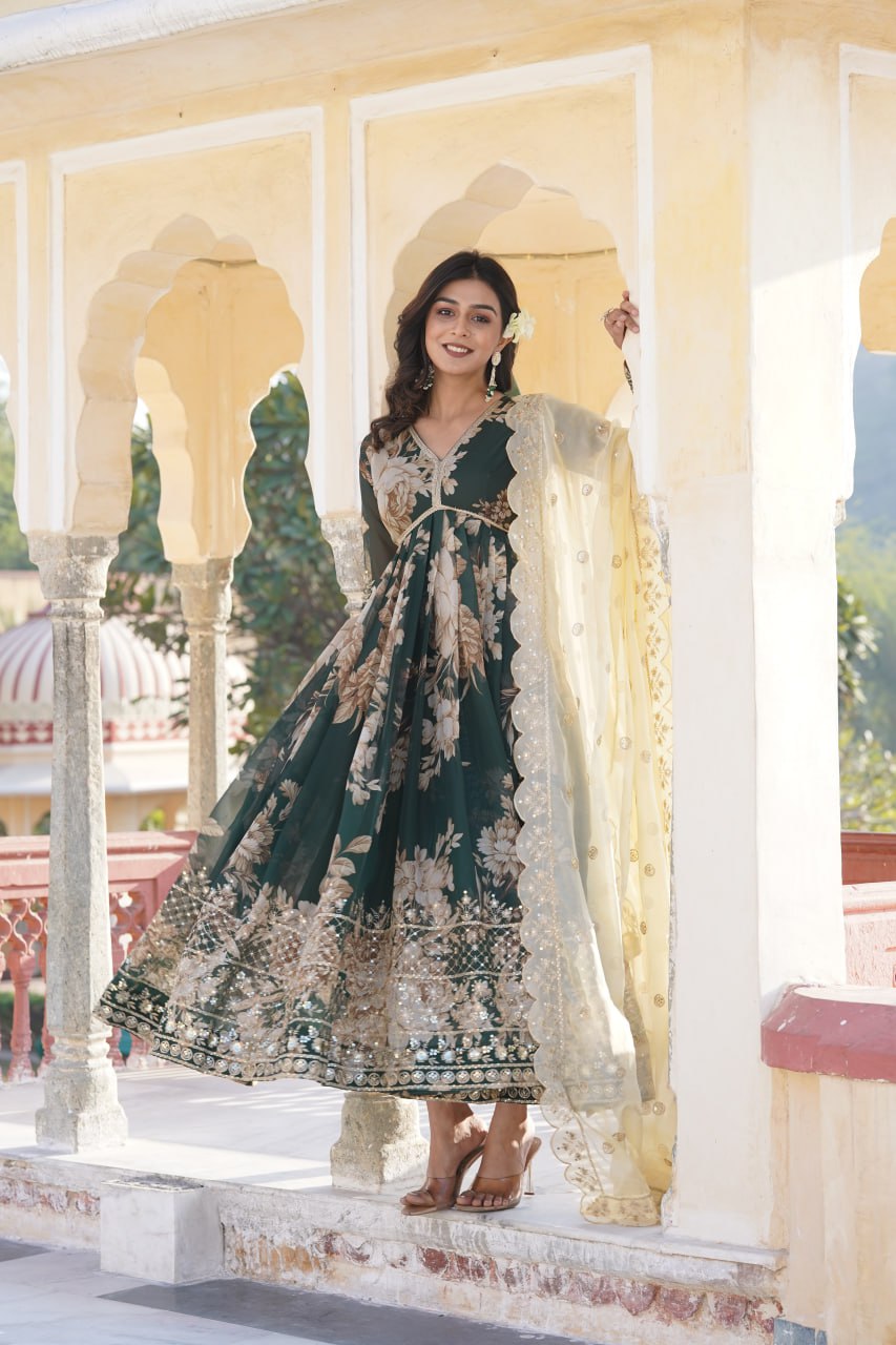 Silk with Embroidery Green Anarkali Suit