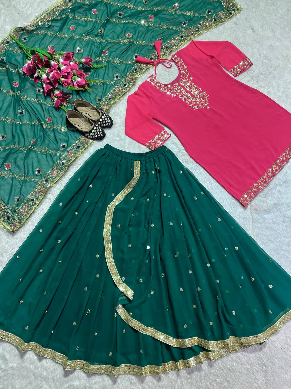 Pink and Green Punjabi Wedding Top with Dhoti Skirt