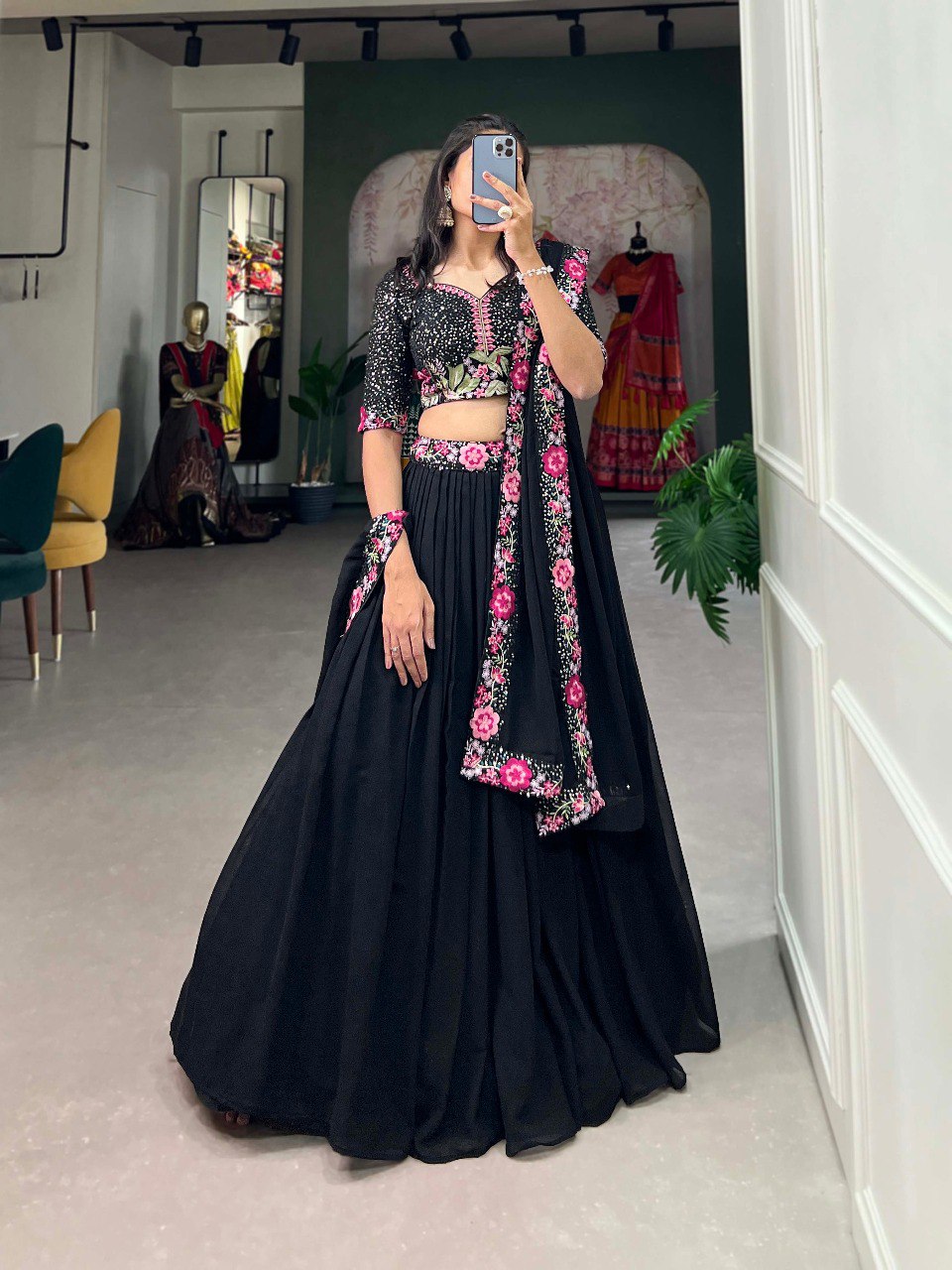 Black Color Georgette Lehenga Choli For Wedding Wear Outfits