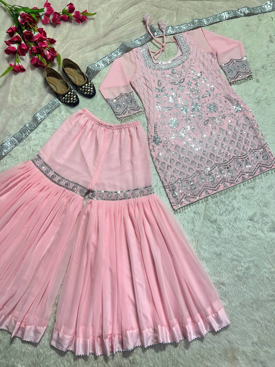 Pink Georgette Embroidery Sharara Palazzo Suit for Punjabi Wedding