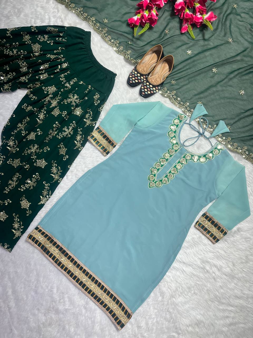 Faux Georgette with sequence embroidery work green salwar kameez