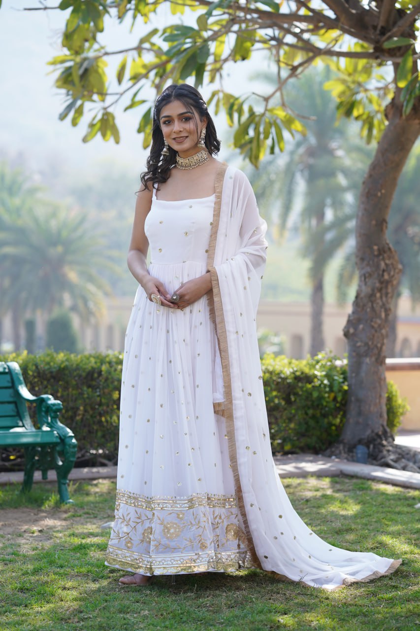 Beautiful White Sequins Embroidered Work Anarkali Suit