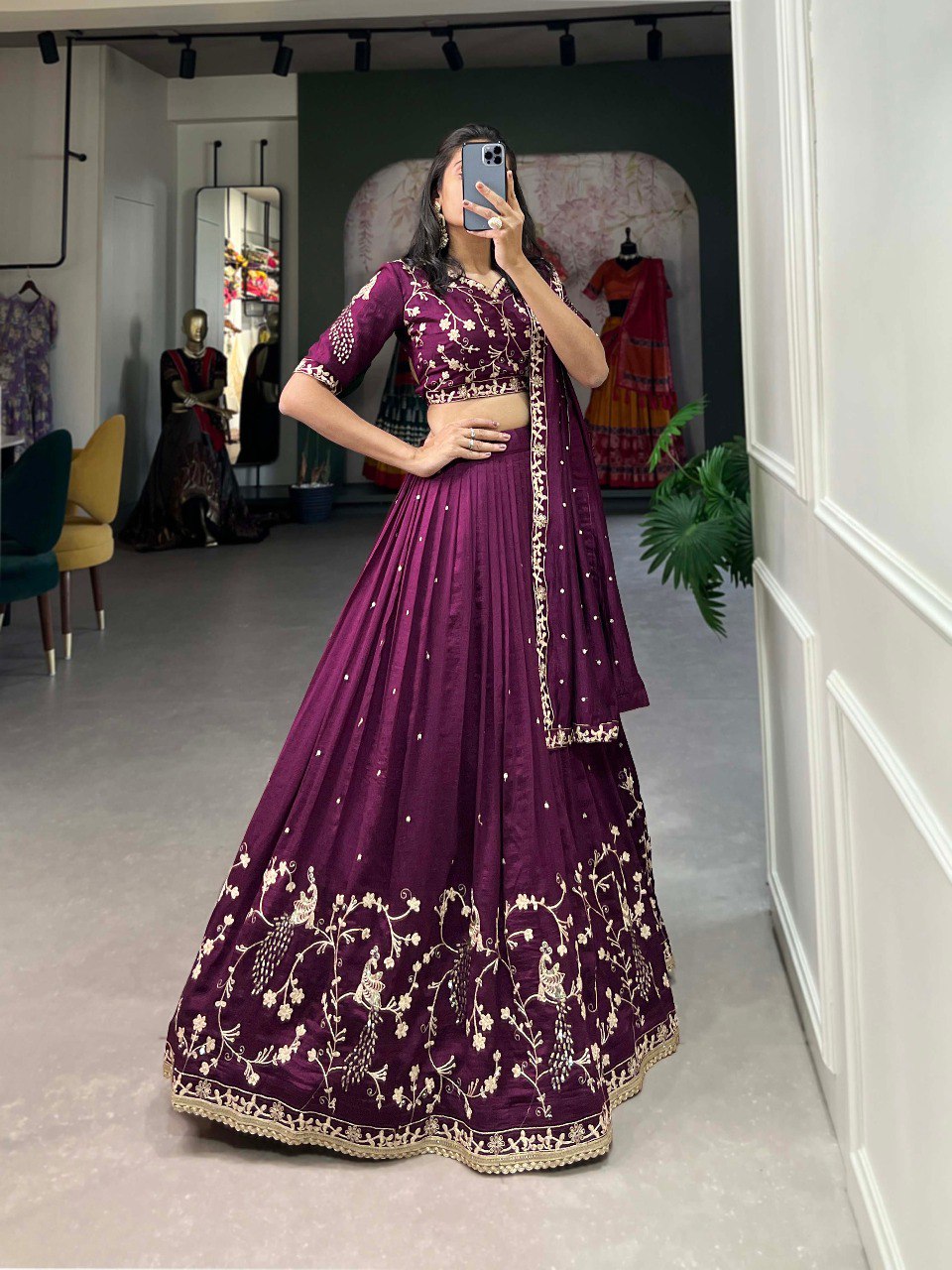 Luxurious Vichitra Silk Sequins and Embroidery Lehenga Choli