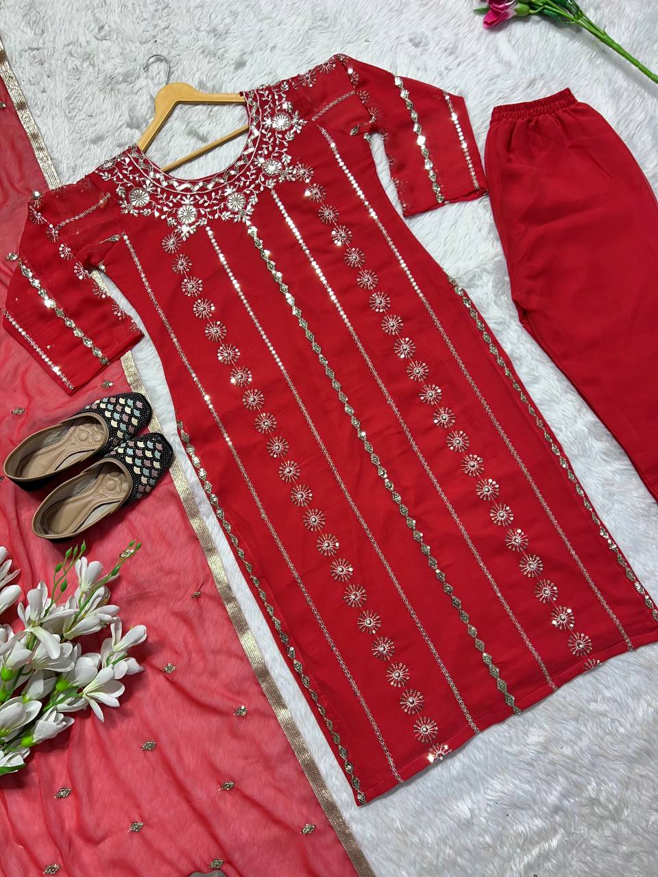 Georgette with Embroidery Red Salwar Suit