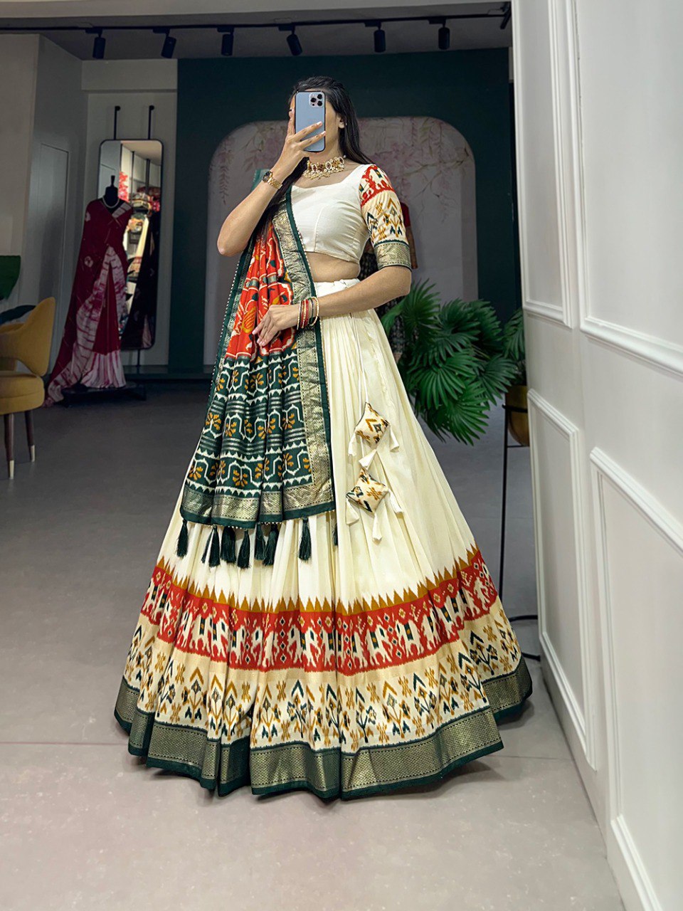 Elegant Tussar Silk Lehenga Set with Patola Print and Foil Work