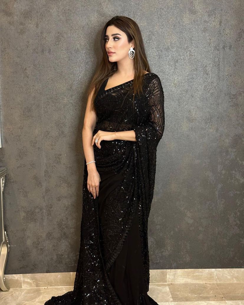 Partywear Black Georgette Saree for Women, Indian Ethnic Wear