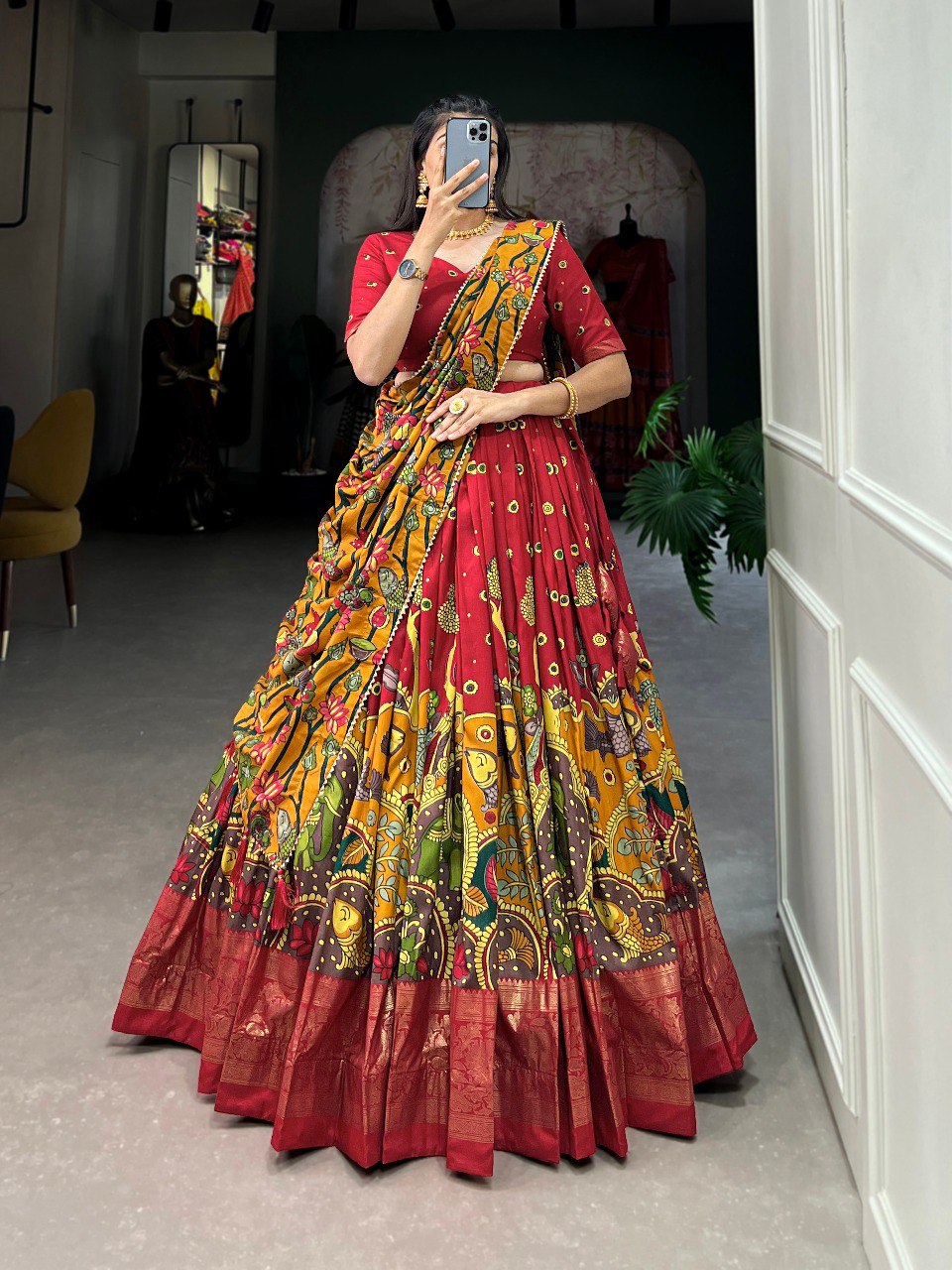 Kalamkari Print Tussar Silk Navratri Lehenga Set for Women