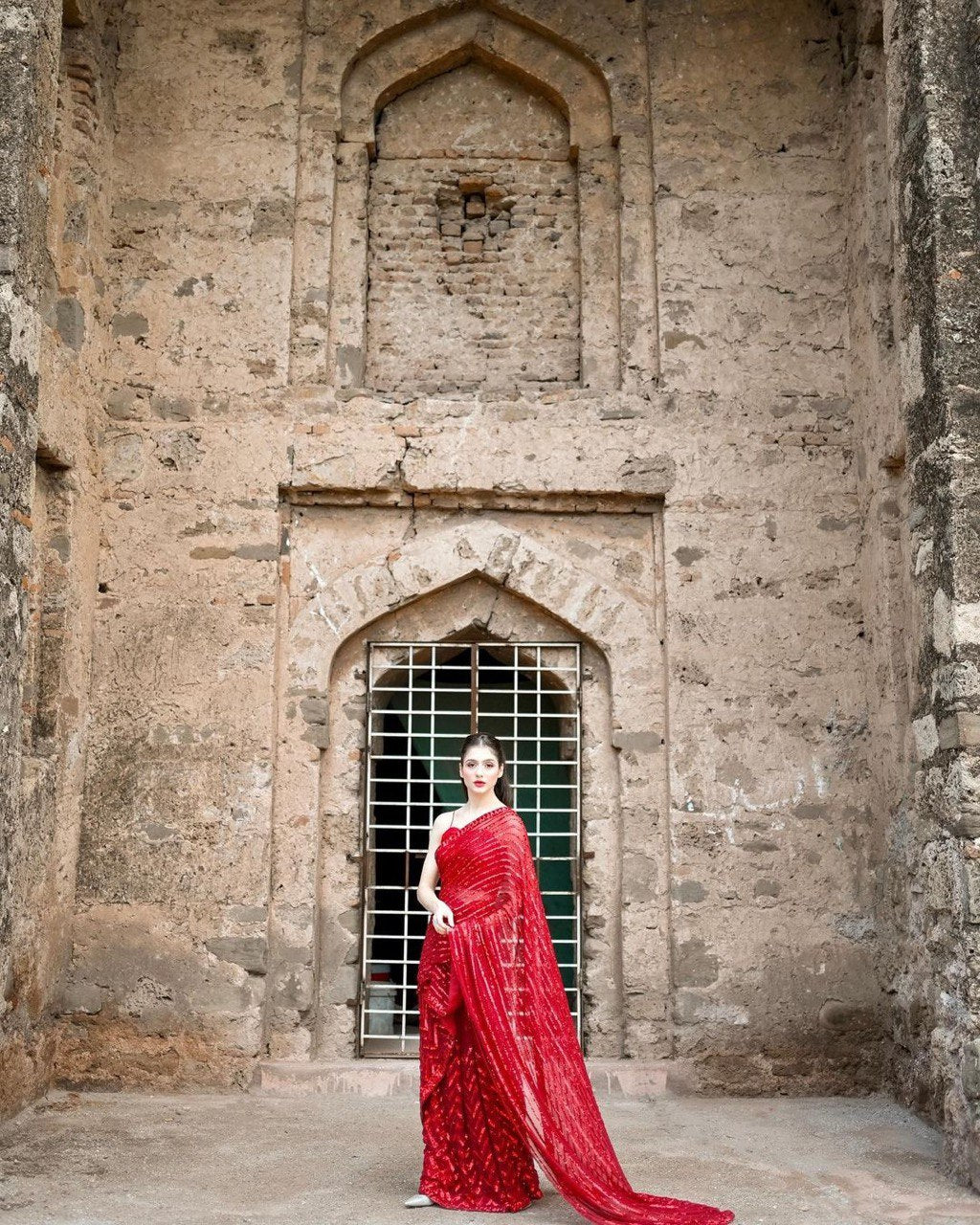 Modern Red Soft Georgette Saree with Embroidered and Heavy Banglori Blouse