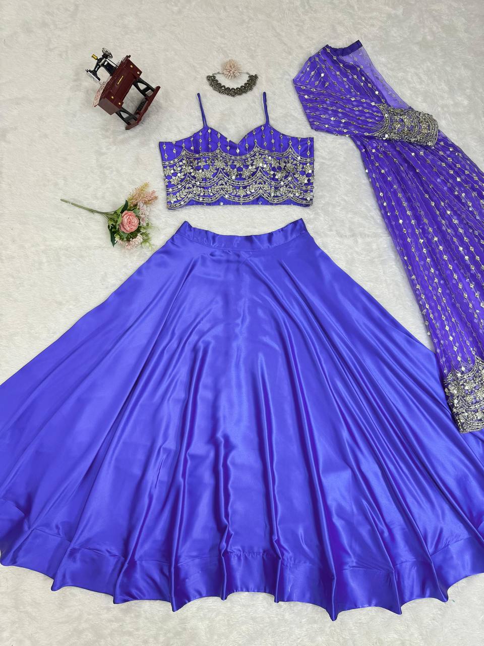 Designer Blue Japan Satin Lehenga Choli