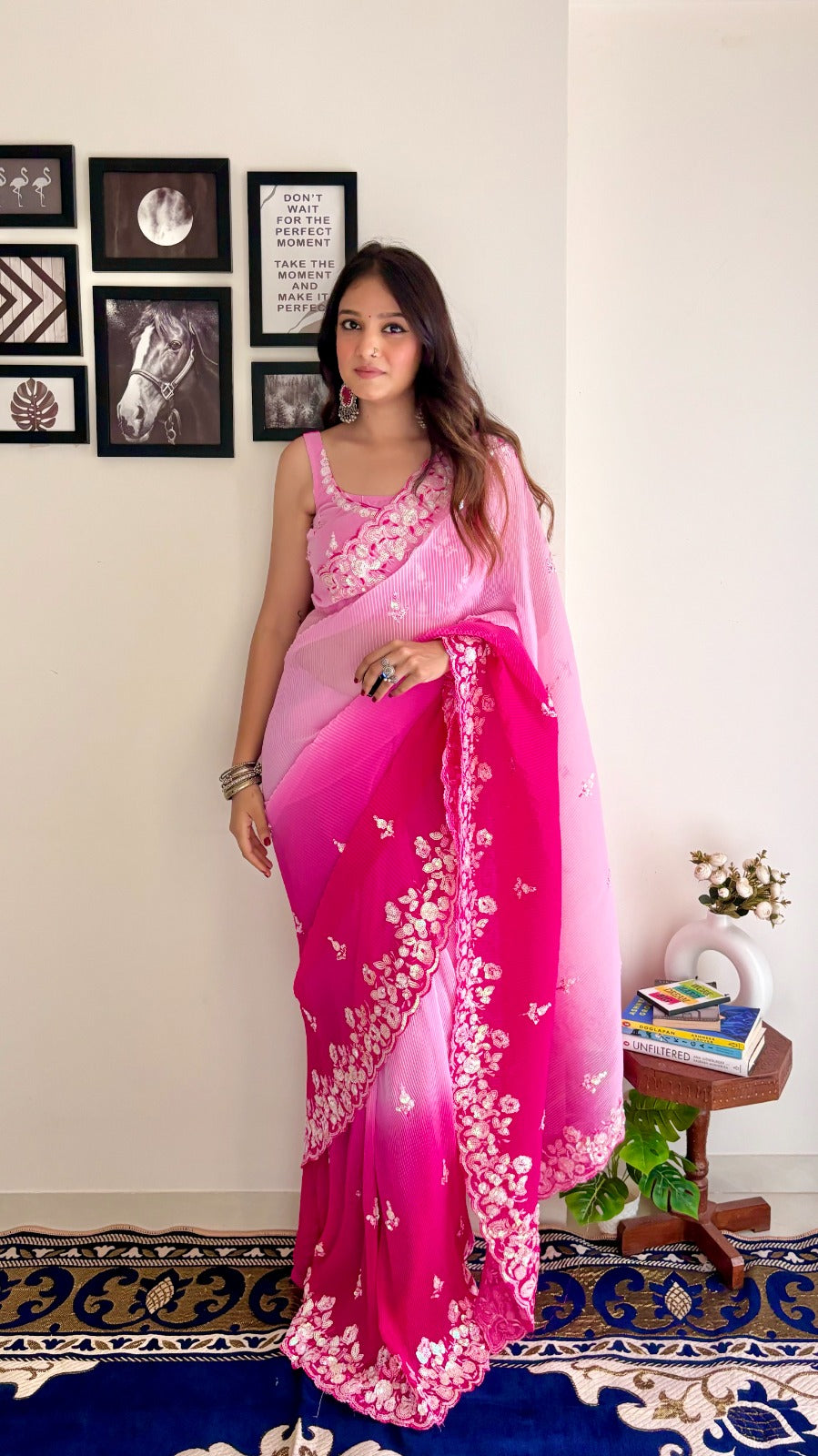 Georgette Saree with Sequence Embroidery and Fancy Lace Border