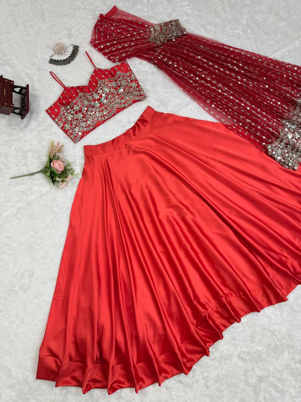 Red Japan Satin Designer Wedding Lehenga Choli for Women