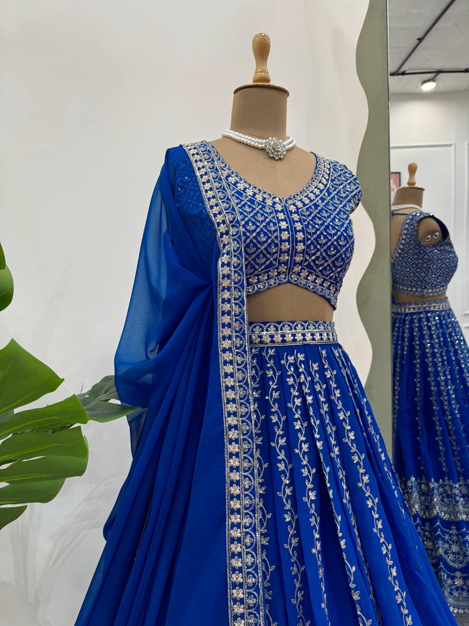 Blue Foux Georgette Embroidery Lehenga Choli for Women