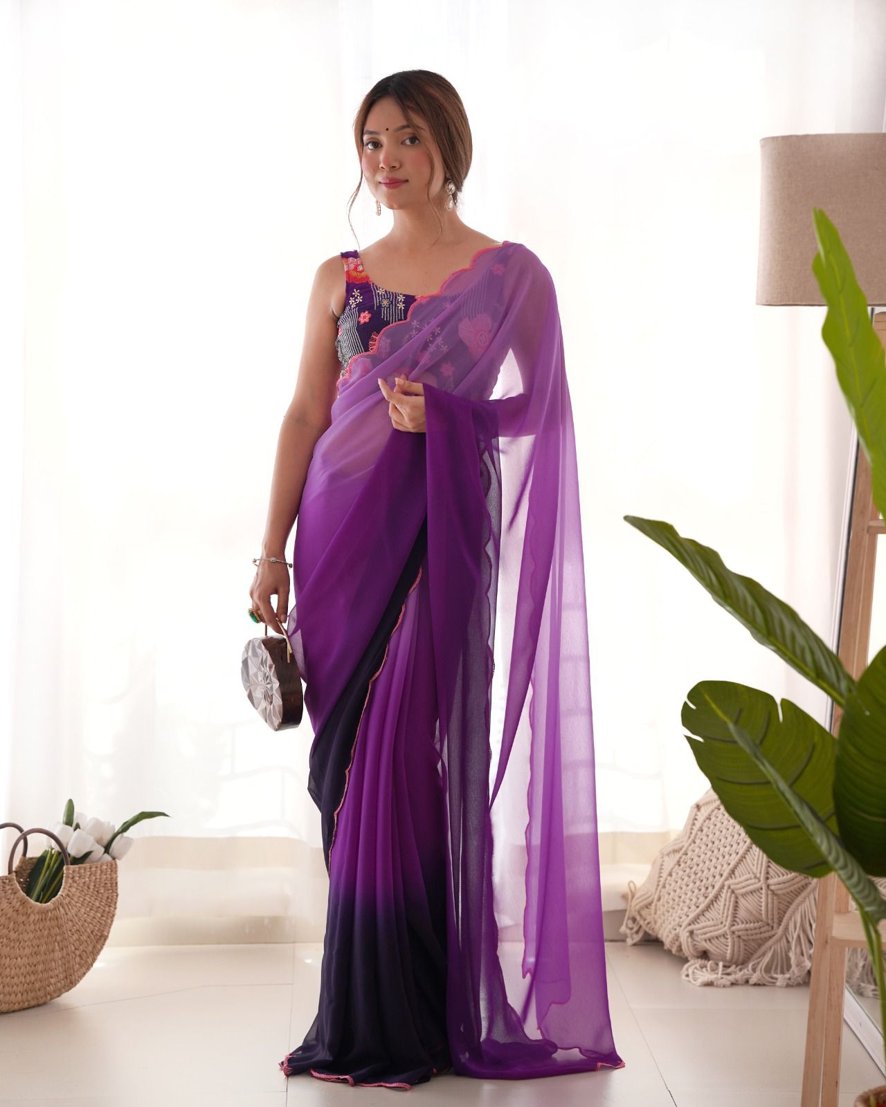 Elegant Soft Georgette Saree with Dual Embroidery Work For festive ceremony