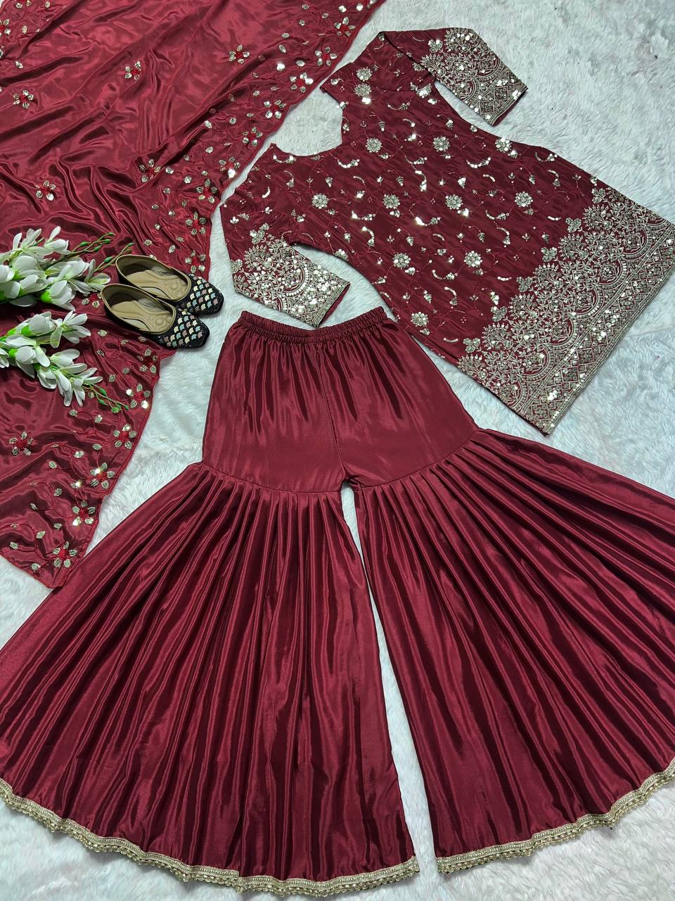 Maroon Color Sharara Set for Women Full Sleeved