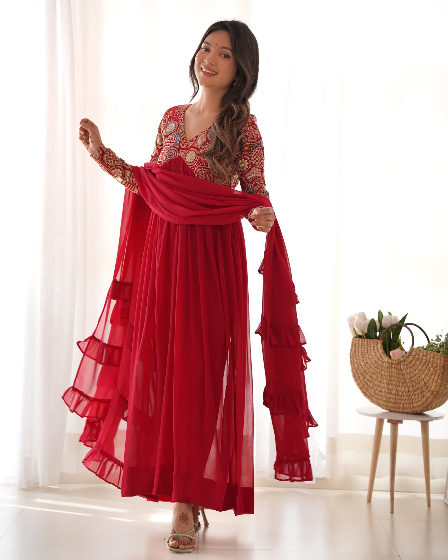 Party Wear Red Color Heavy pure soft Organza Silk, Anarkali Suit Set With Full Sleeves