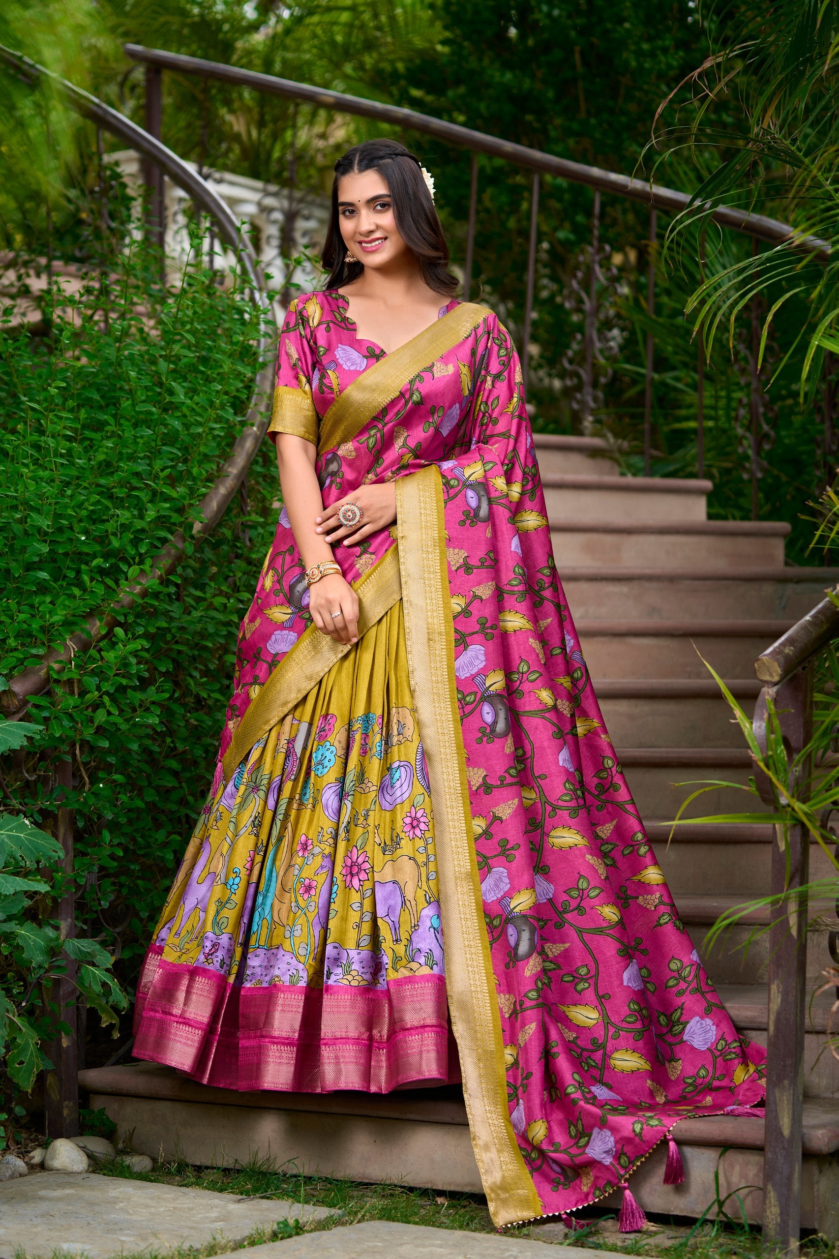 Dola Silk Lehenga Choli Kalamkari Print with Weaving Border