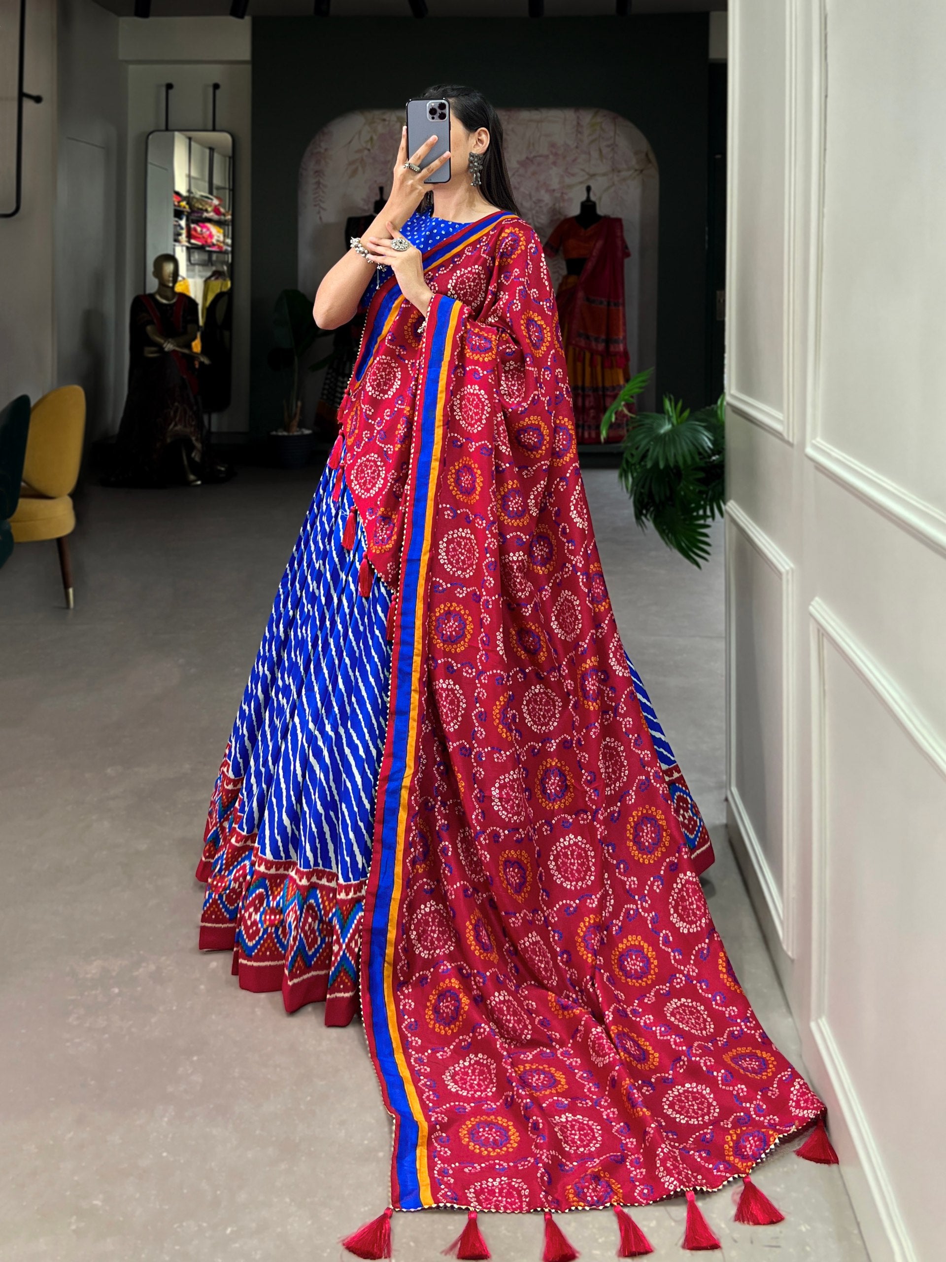 Tussar Silk Leheriya with Patola Print Border Lehenga Choli