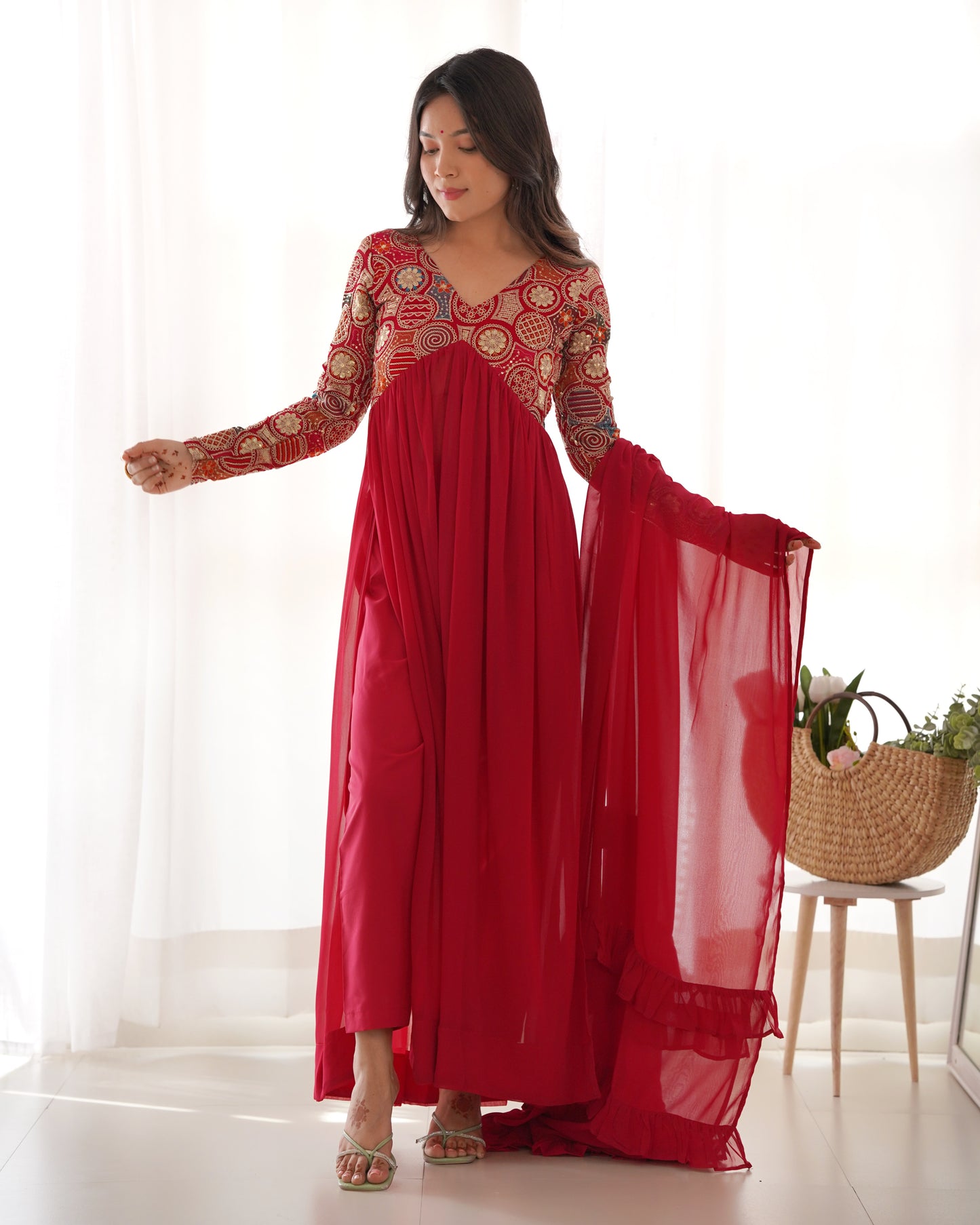 Party Wear Red Color Heavy pure soft Organza Silk, Anarkali Suit Set With Full Sleeves
