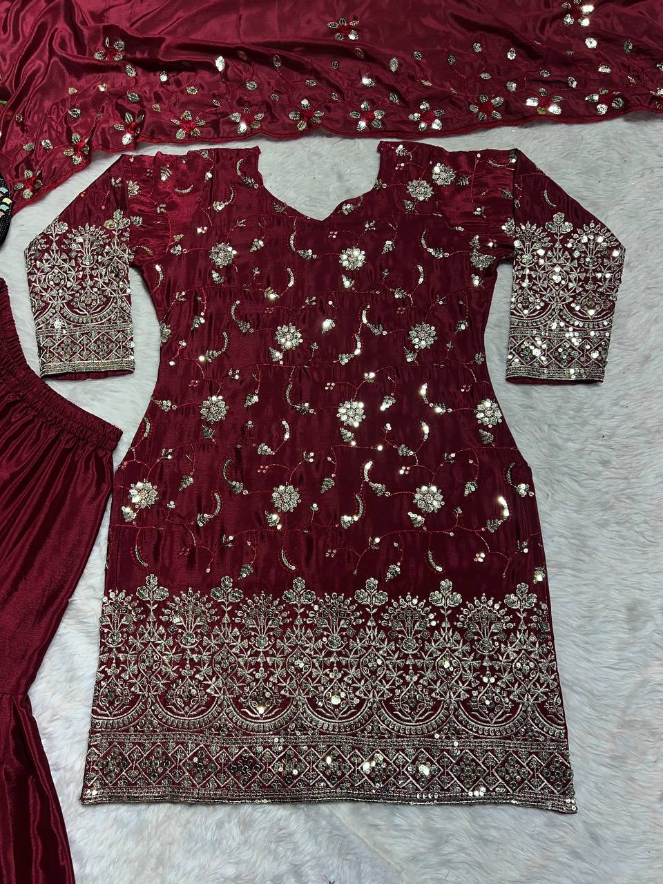 Maroon Color Sharara Set for Women Full Sleeved