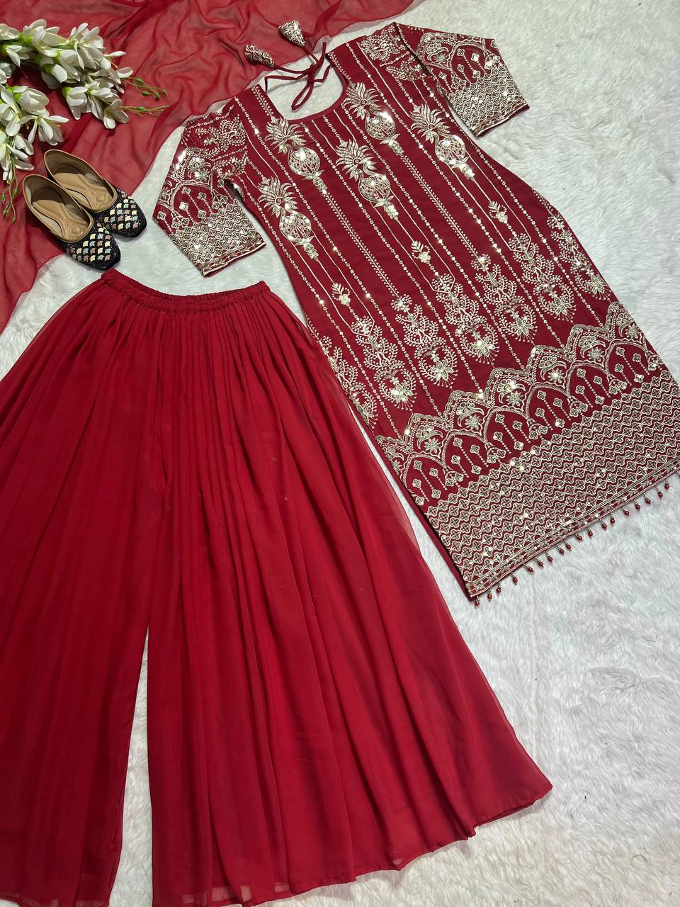 Red Georgette Sharara Plazo Set for Women