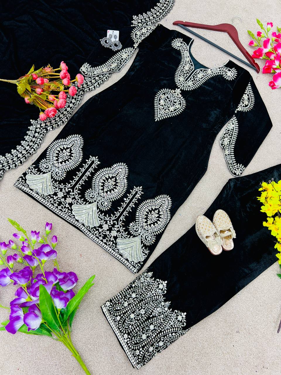 Black Heavy Viscose Velvet Pakistani Salwar Suit With Heavy Embroidery & Sequence Work, Dress For Eid Special