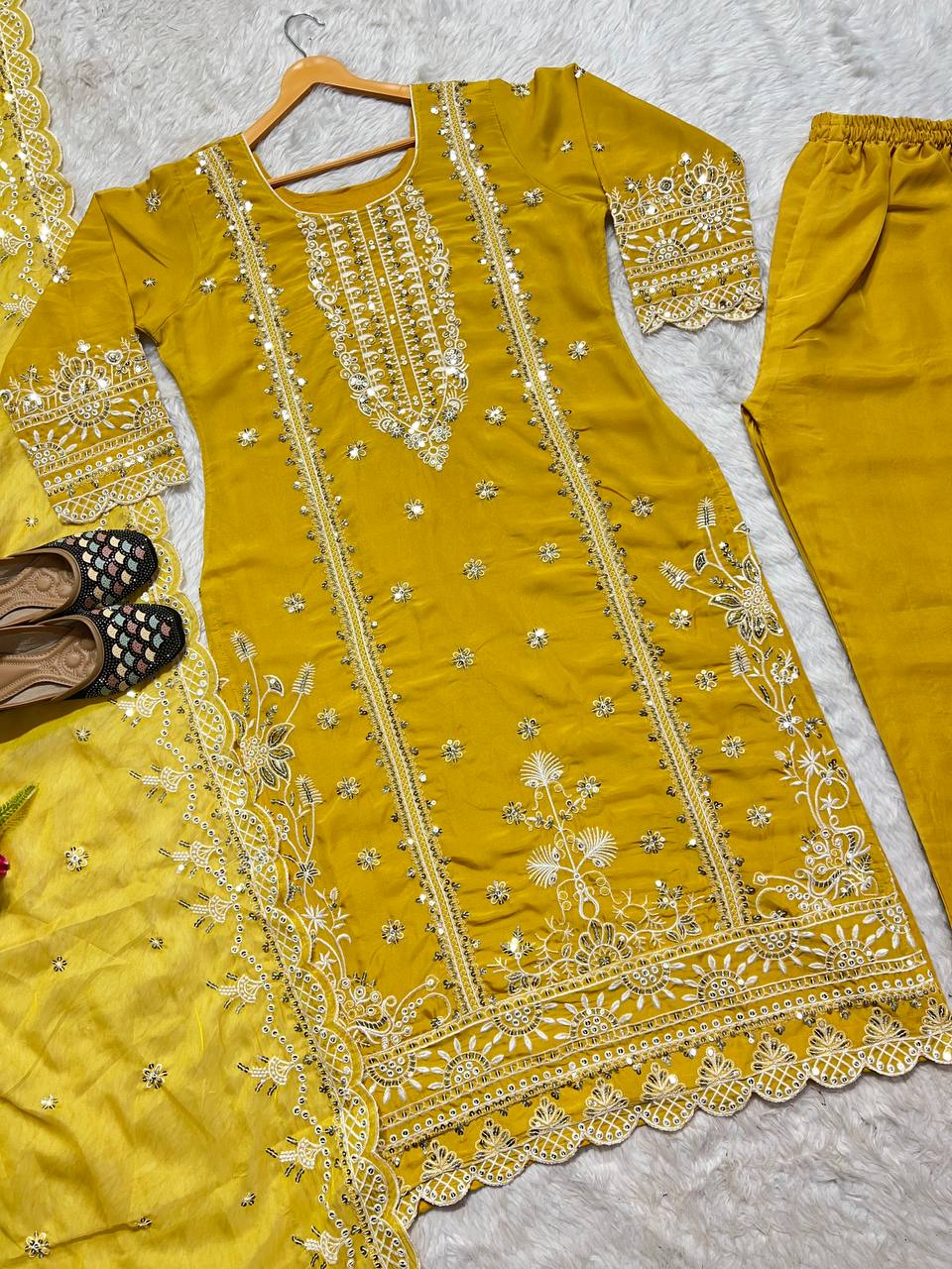 Pure Organza Yellow Salwar Kameez with Pent