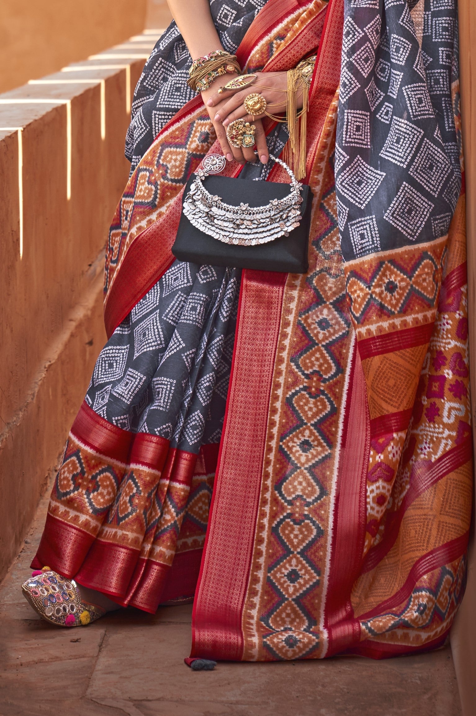 Gray Color Printed Banarasi Silk Saree For Women