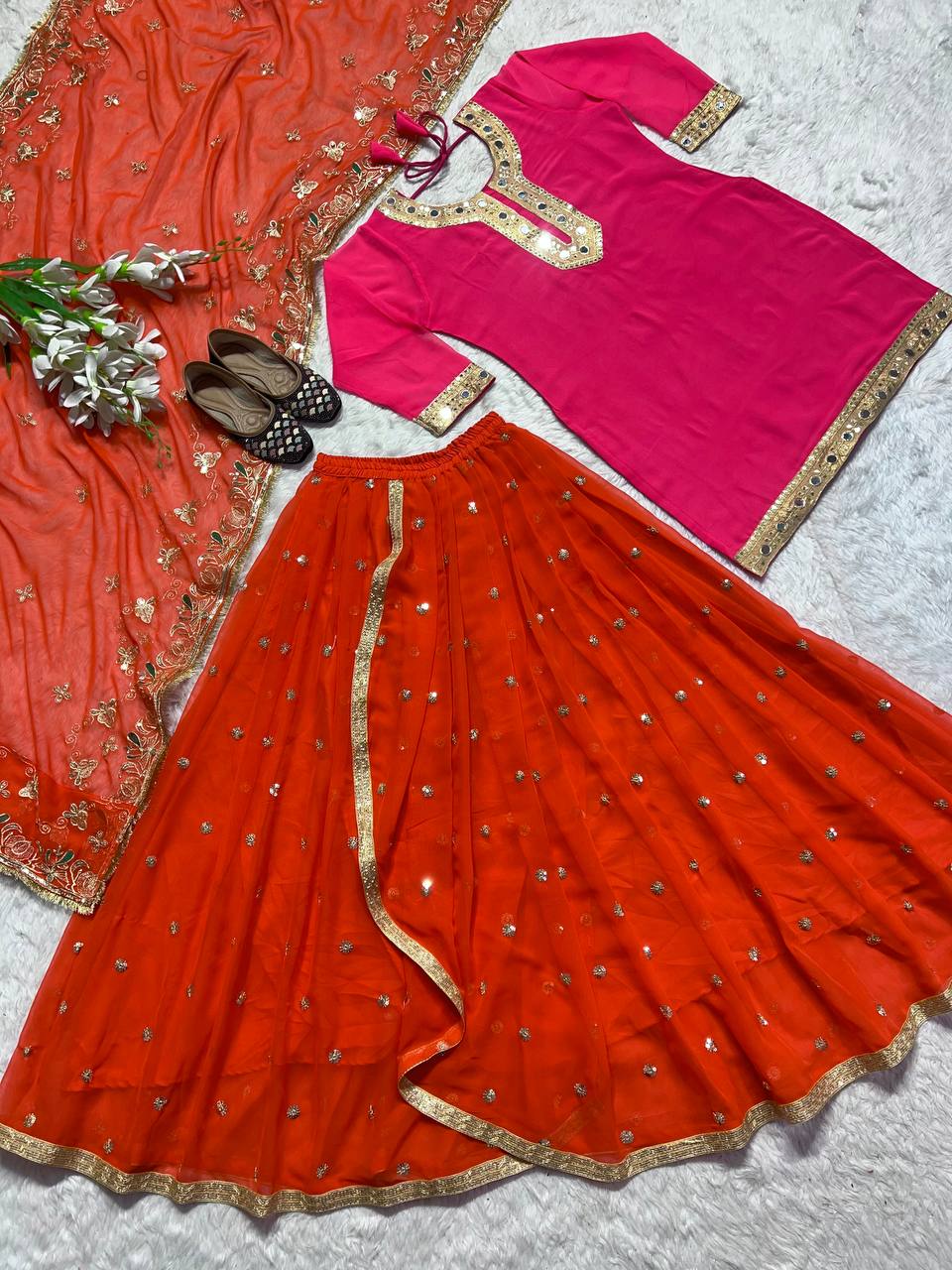 Designer Georgette Top With Dhoti Skirt, Traditional Outfits For Punjabi Wedding