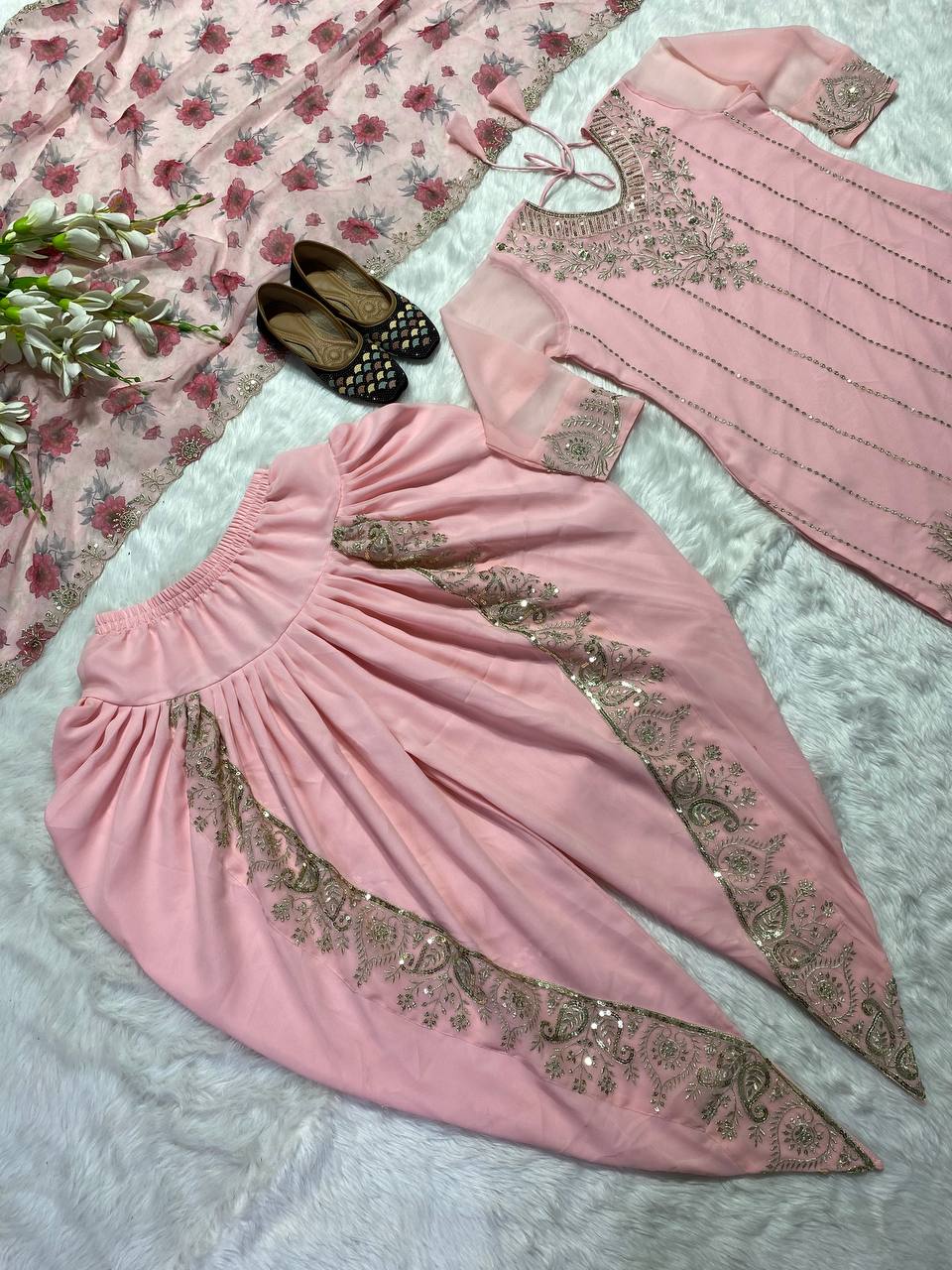 Elegant Pink Color Georgette Dhoti Salwar Suit For Wedding Wear