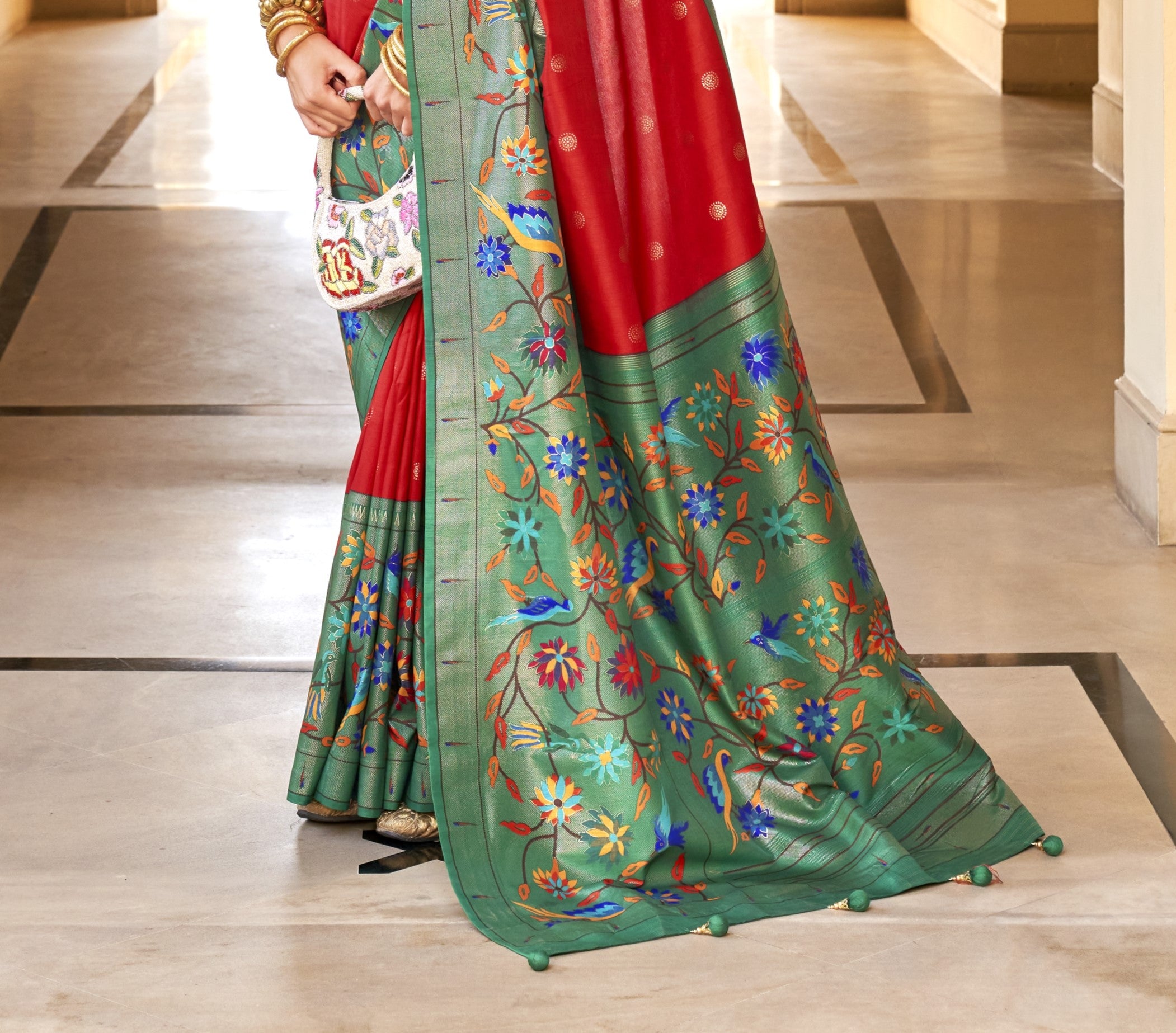 Green and Red  Paithini Silk Saree for Women