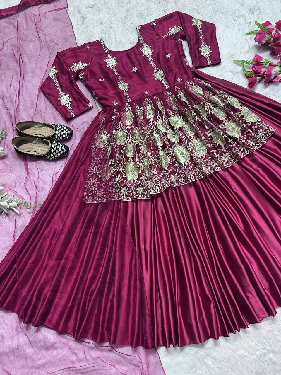 Heavy Butterfly Net Embroidery Work Top with Lehenga Set